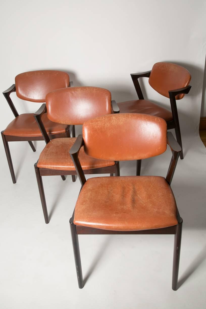 Four Kai Kristiansen Cognac Leather and Mahogany 'Z' Dining Chairs In Good Condition In Brooklyn, NY