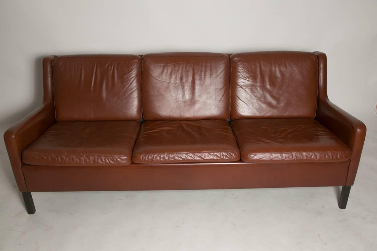 Scandinavian Modern Danish Auburn Brown Leather Sofa