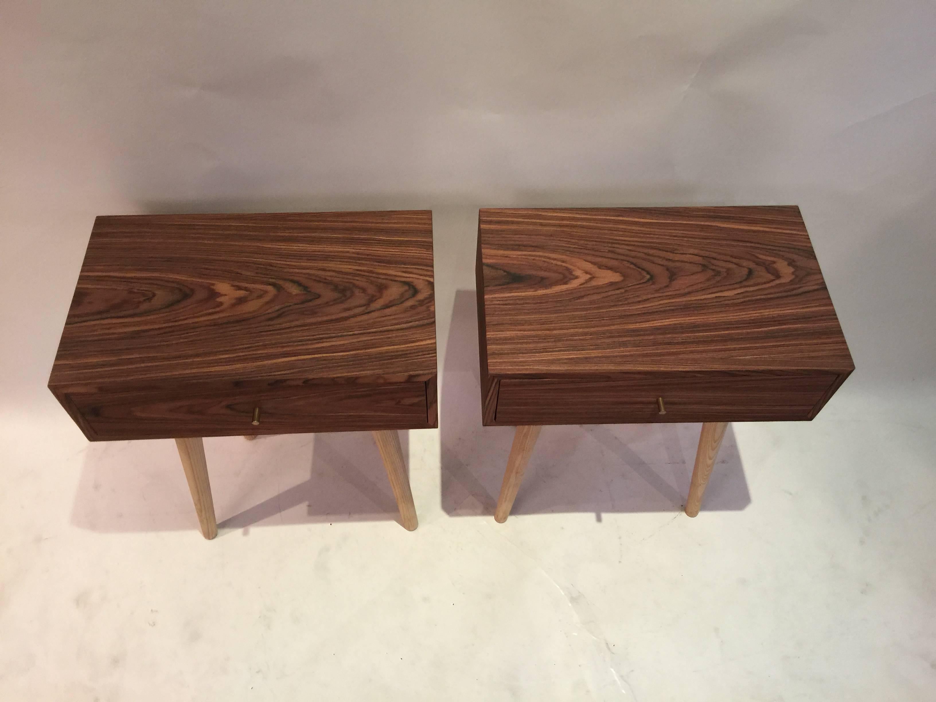 Contemporary Pair of Rosewood Ash and Brass Nighstand