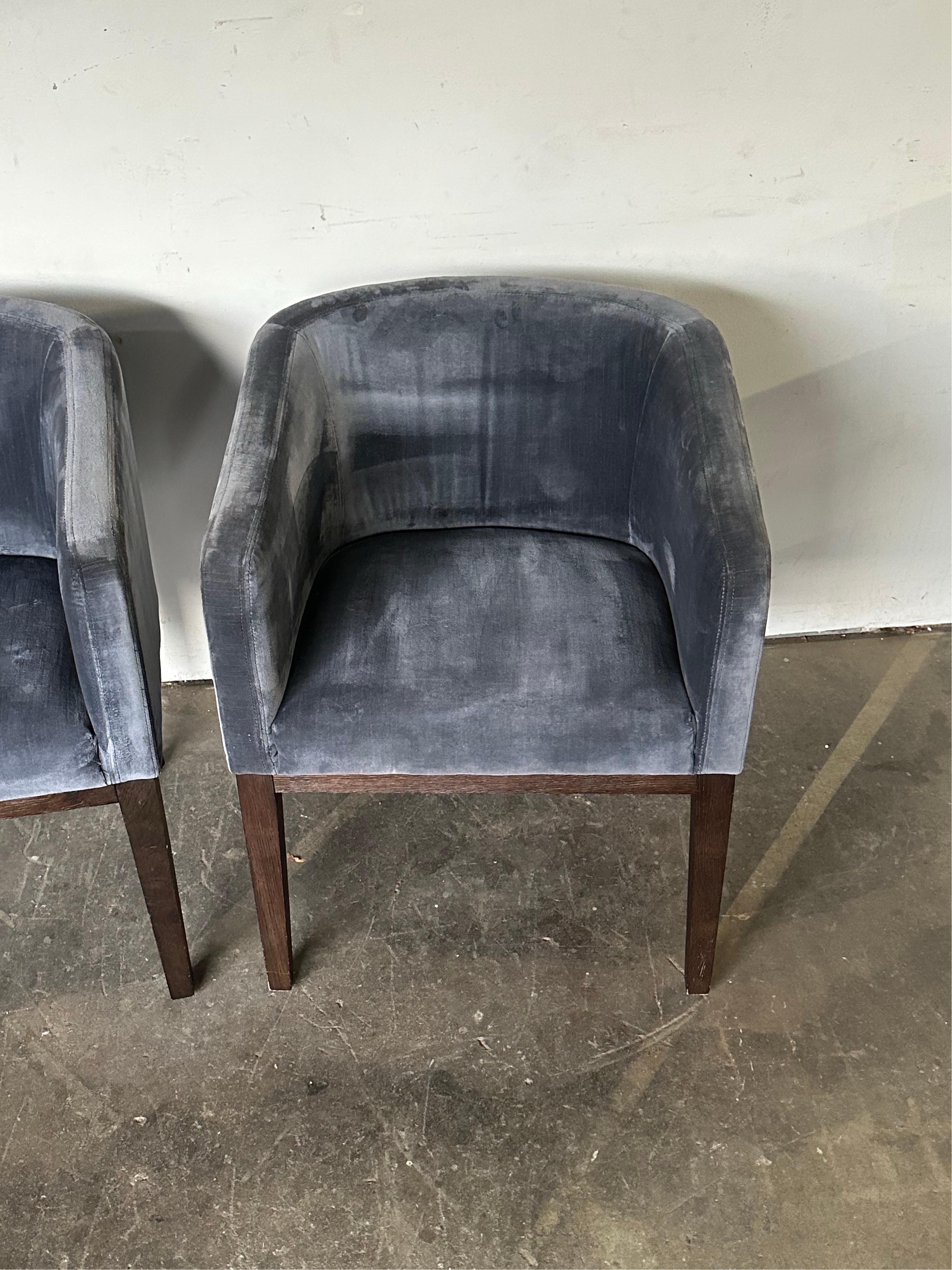 Contemporary Pair of Restoration Hardware Velvet Barrelback Dining Chairs