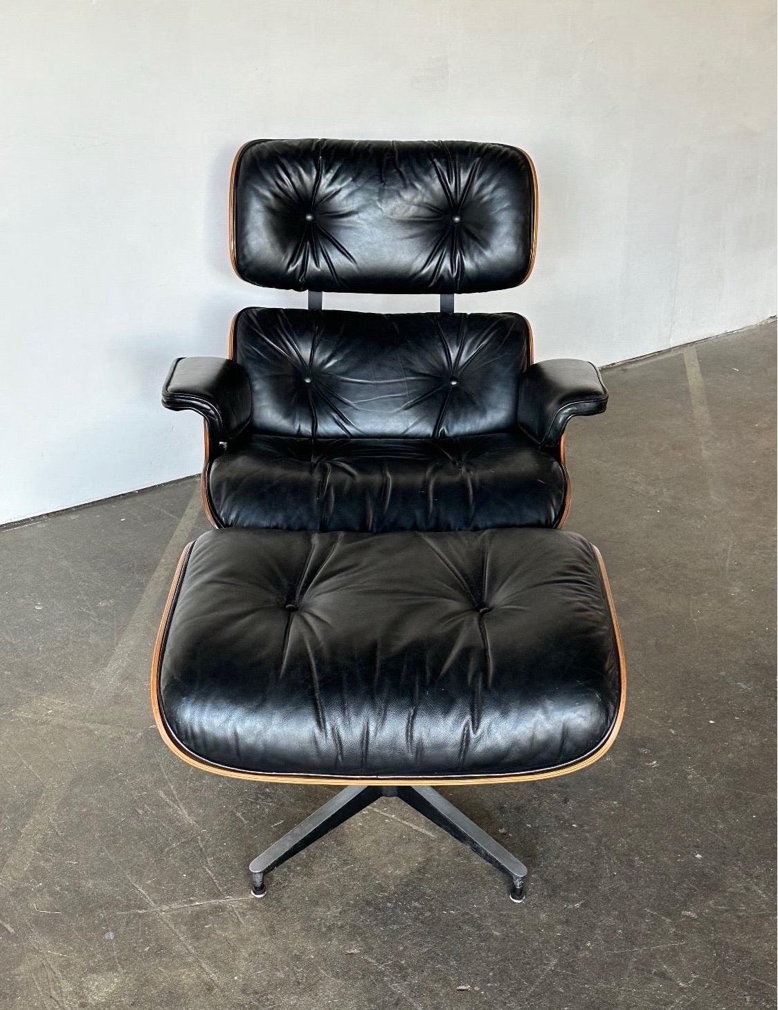 Simply stunning restored Eames lounge chair and ottoman by Herman Miller. Spectacular color and grain detail on the outer shells. Wood has been cleaned, oiled, and freshly finished in a satin lacquer. Leather has been treated, conditioned, and