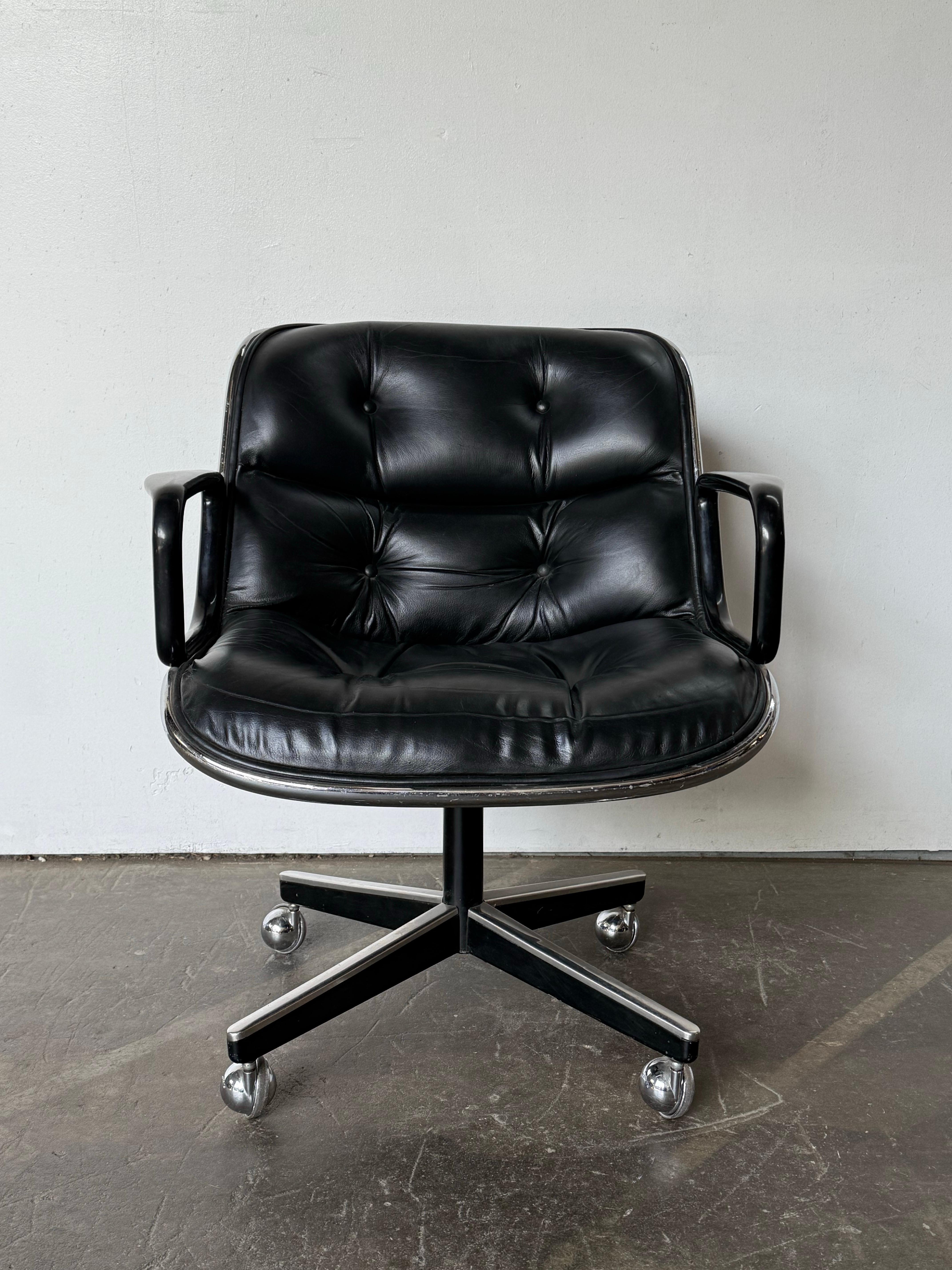 Vintage leather desk for office chair by Charles Pollock for Knoll. In good vintage condition. All wheels work as does swivel base. Height adjustable. Original leather in good condition. Extremely comfortable and can be seen in countless shows and