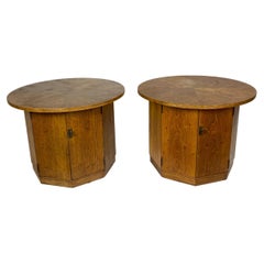 Pair of Midcentury Wood Drum End Tables with Storage Cabinet