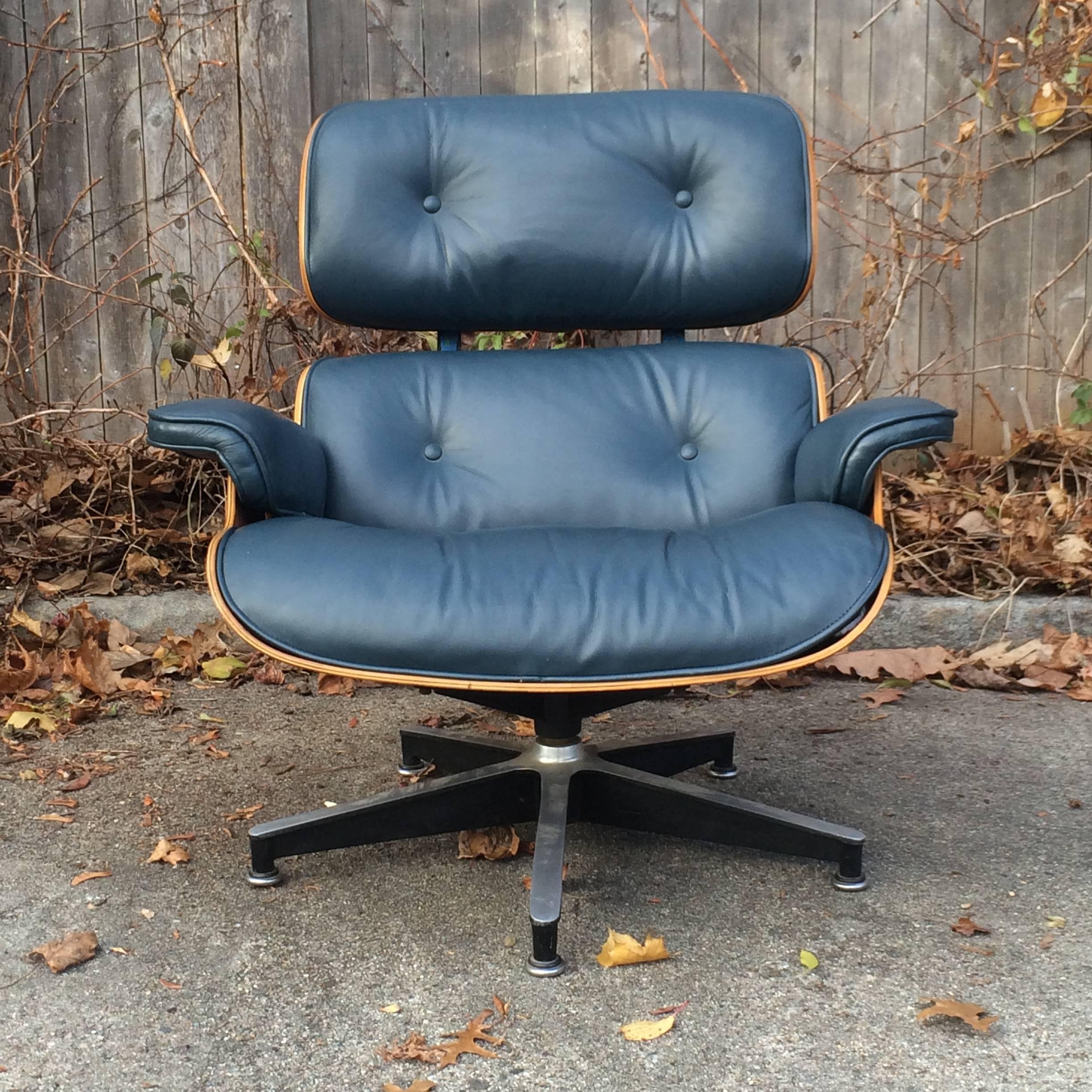 Mid-Century Modern Rare Navy Blue Herman Miller Eames Lounge Chair Set