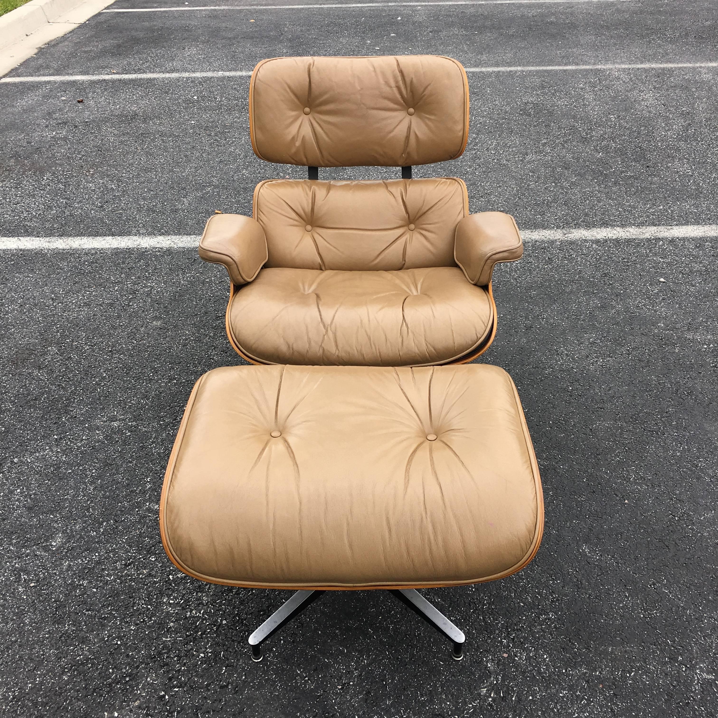 American Rosewood and Tan Herman Miller Eames Lounge Chair and Ottoman