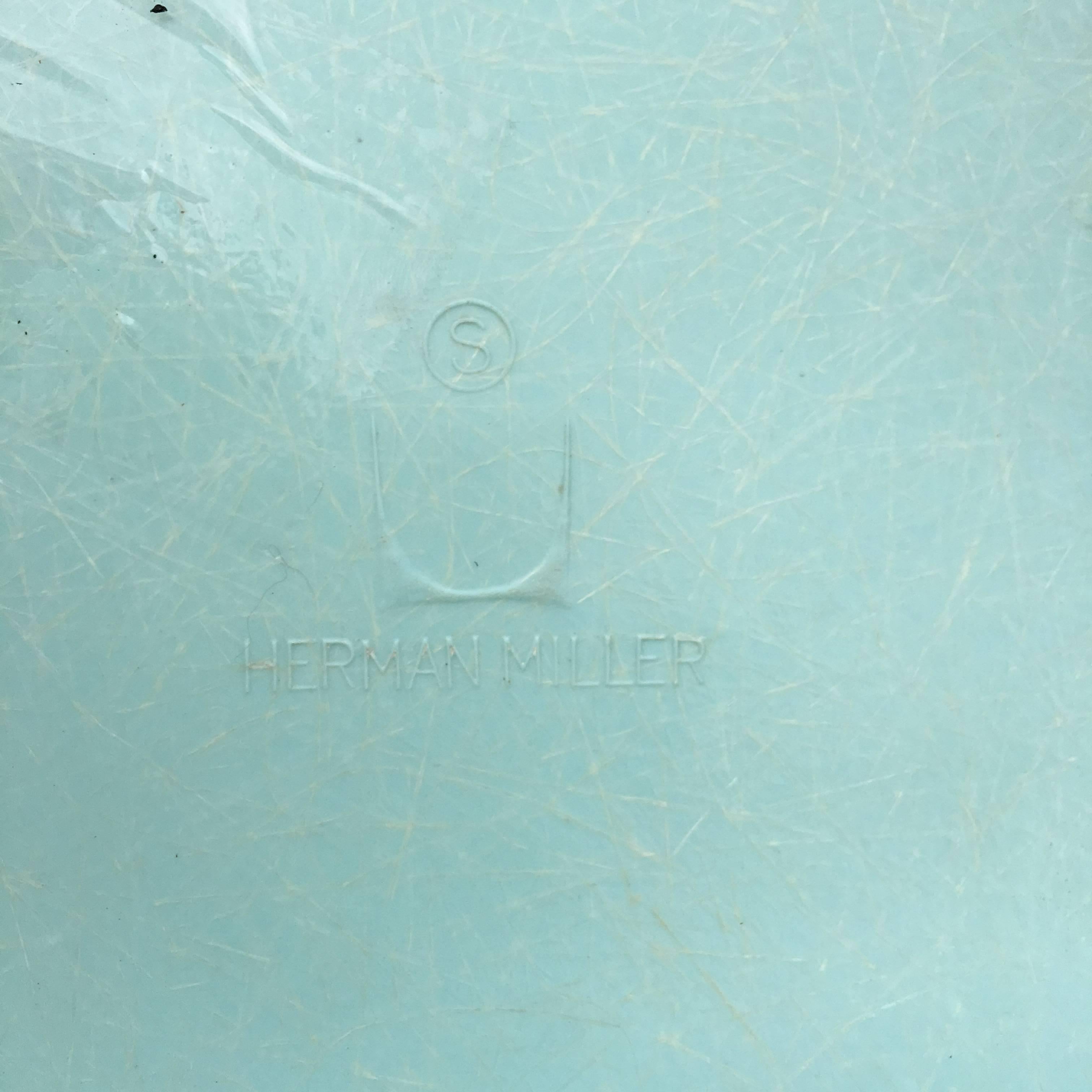 Four Herman Miller Eames dining chairs in super rare Robin's egg blue color. Very good vintage condition with normal wear. Bases available in black or zinc. New Eiffel or wood dowel bases available at additional cost.
