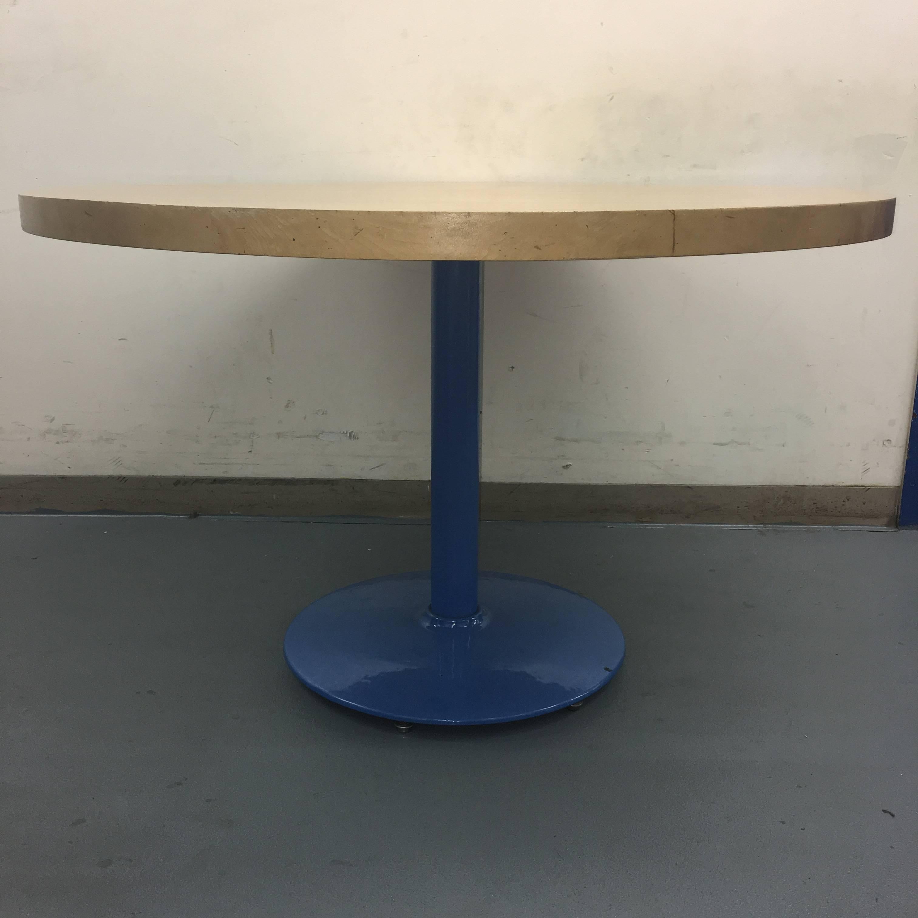 Modern butcher block dining table. Powder blue enameled metal pedestal base. 48