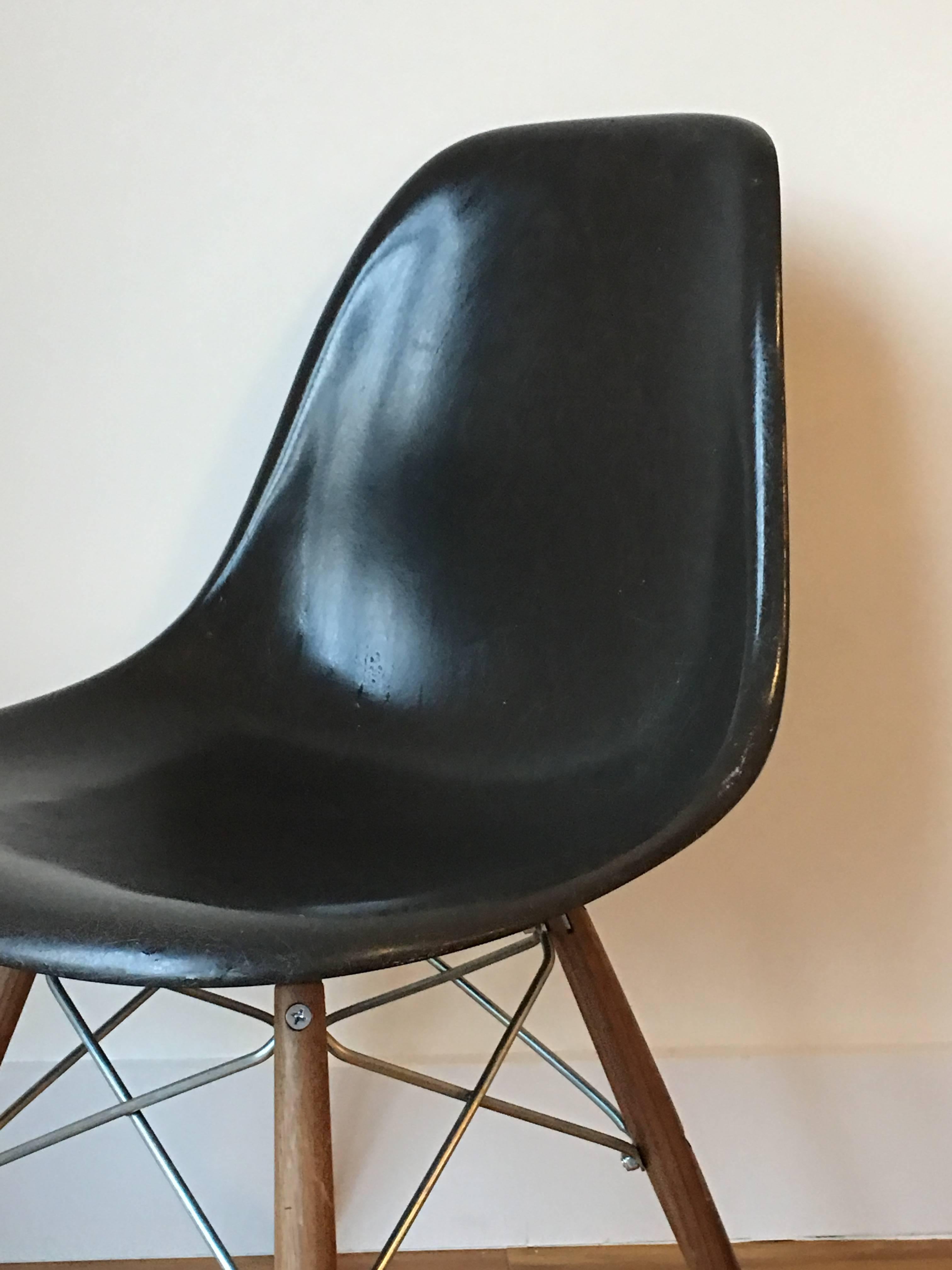 6-10 rare black Herman Miller Eames DSW dining chairs. This color was special order back in the day and was produced in limited quantities. This set is original. New bases available in black or zinc-plated frame with maple, birch, or walnut legs. In