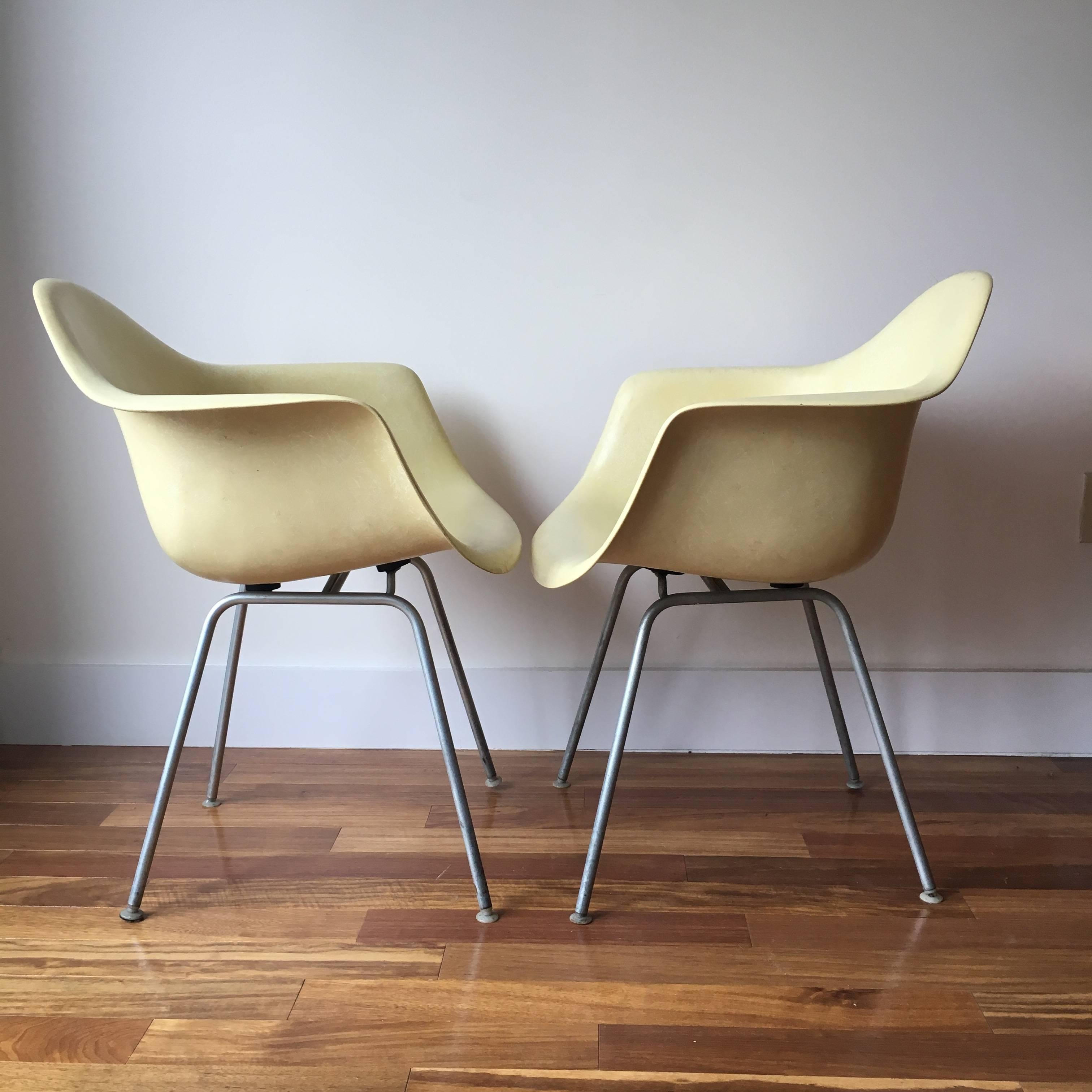 Steel Two Herman Miller Eames DAX Armchairs in Parchment