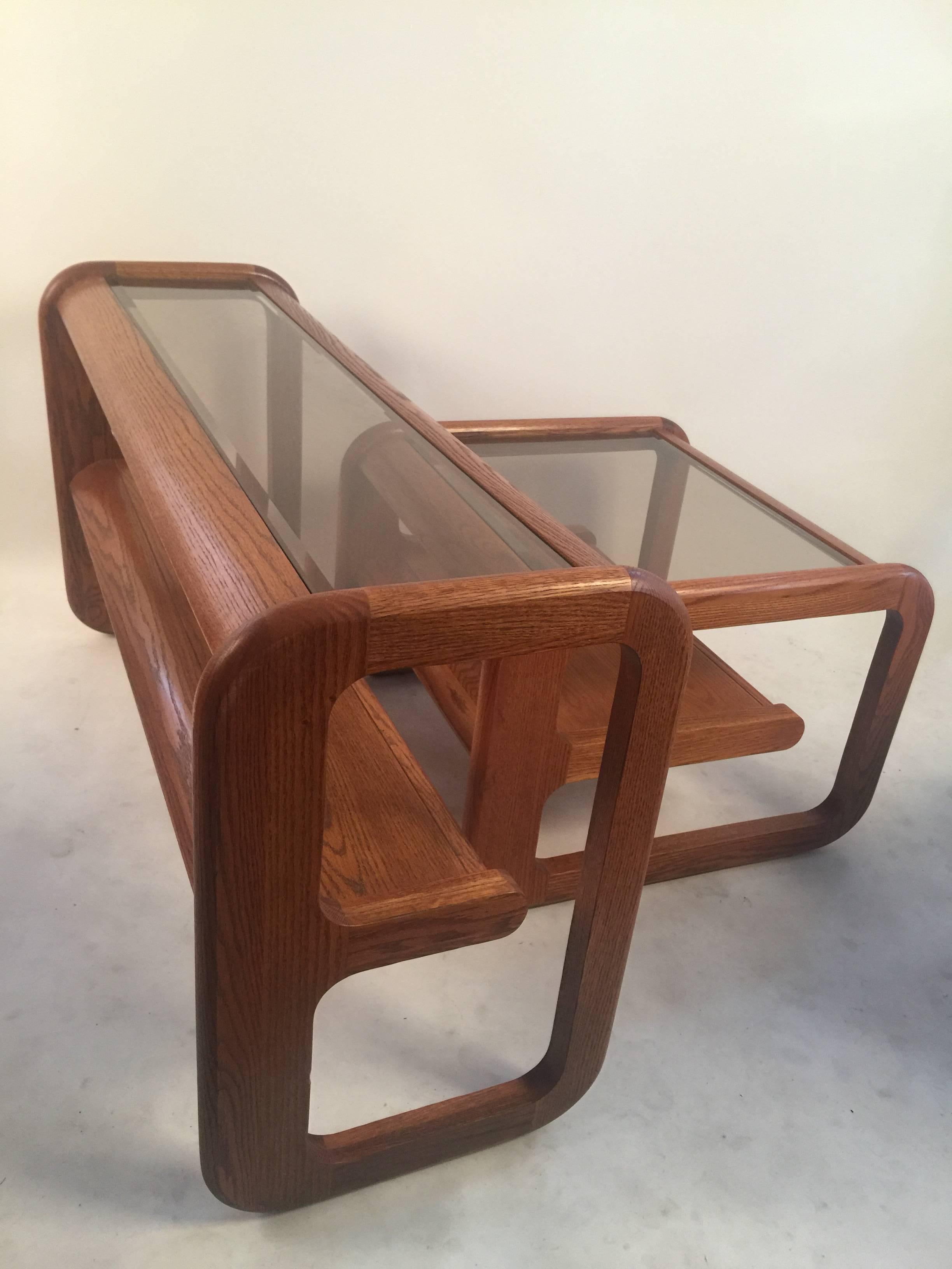 Mid-20th Century Set of Lou Hodges Oak and Glass Tables