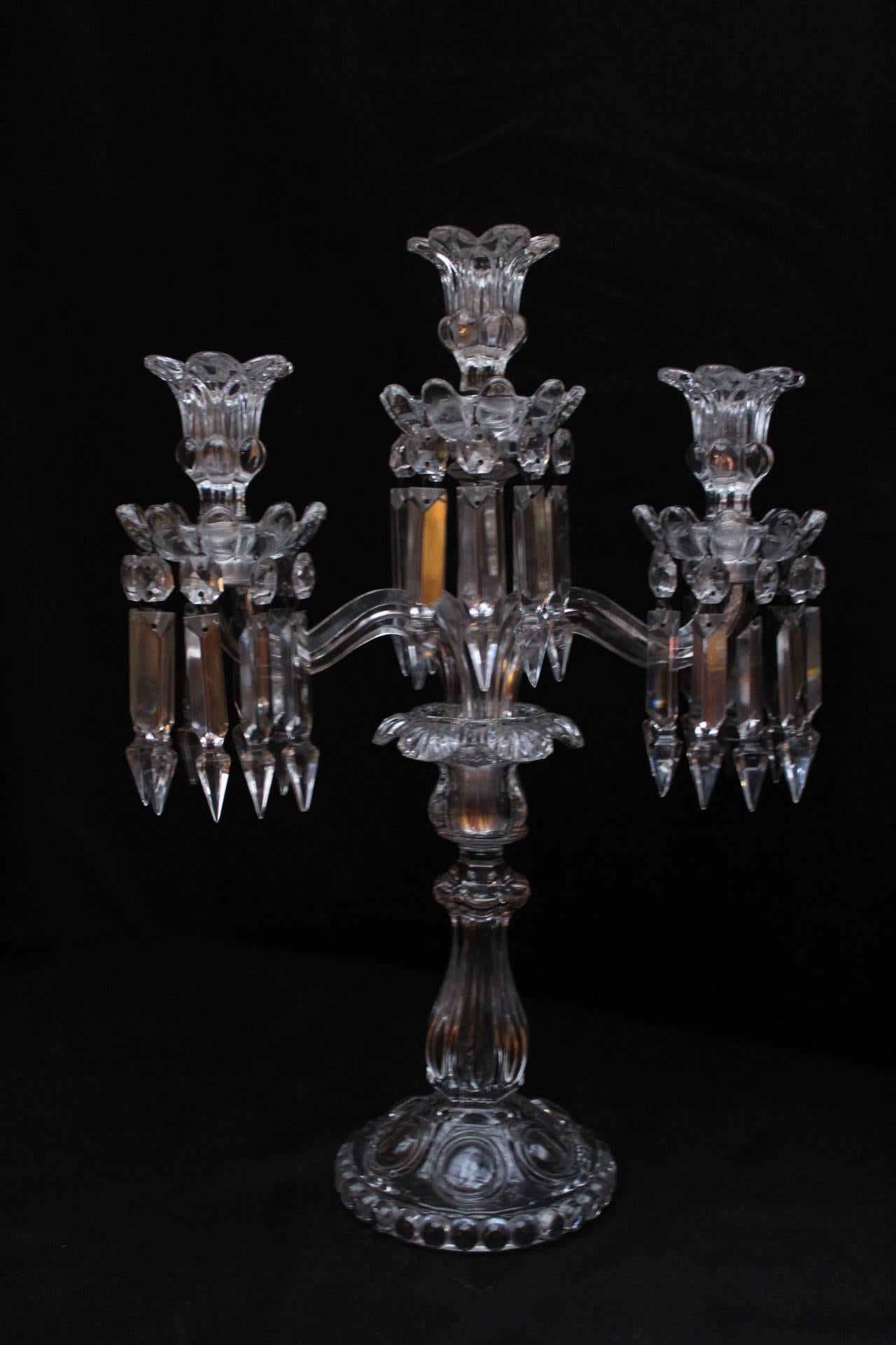 Pair of Three-Lights Chandelier or Candlestick, Baccarat, 1950 In Excellent Condition For Sale In Saint-Ouen, FR