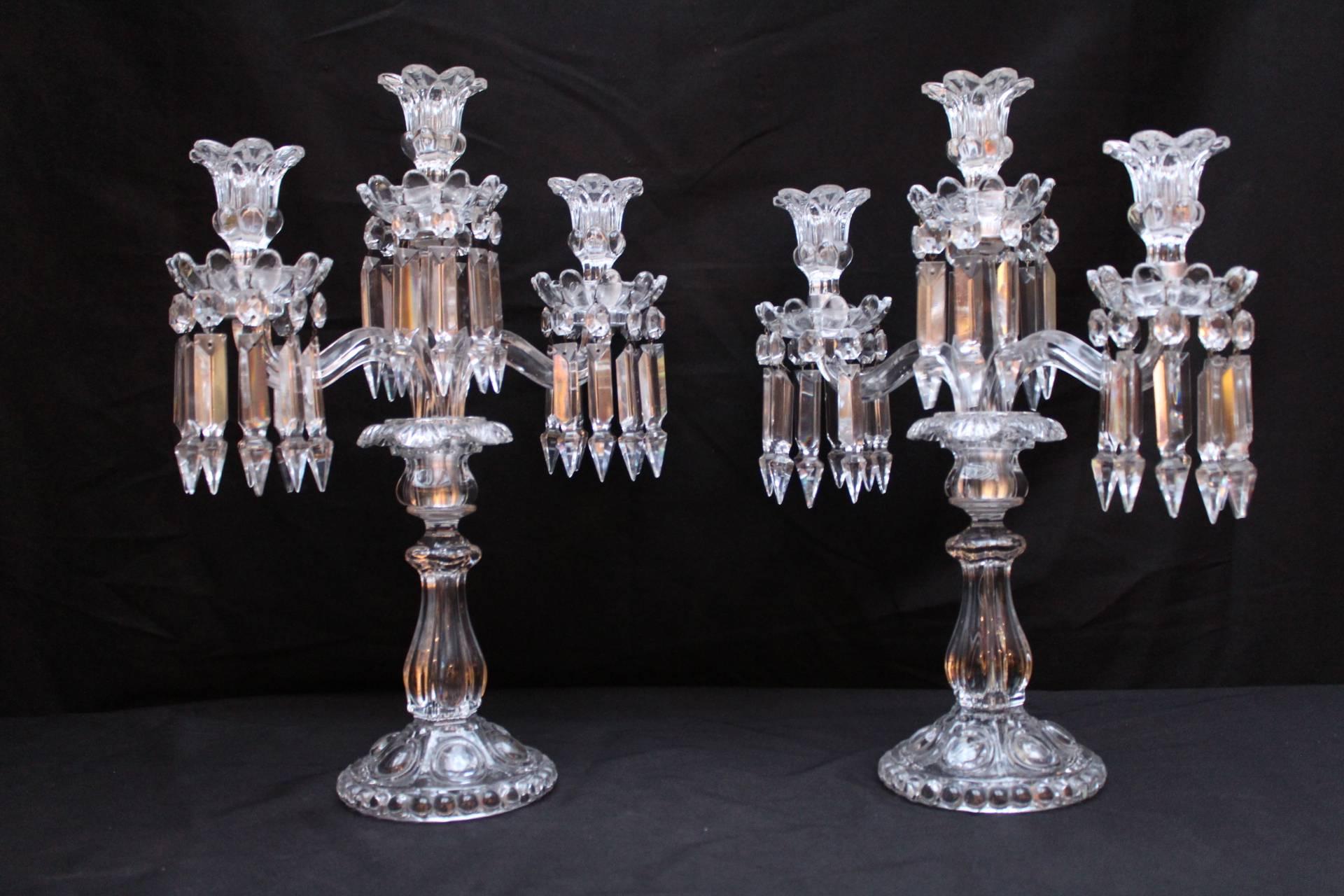 French Pair of Three-Lights Chandelier or Candlestick, Baccarat, 1950 For Sale