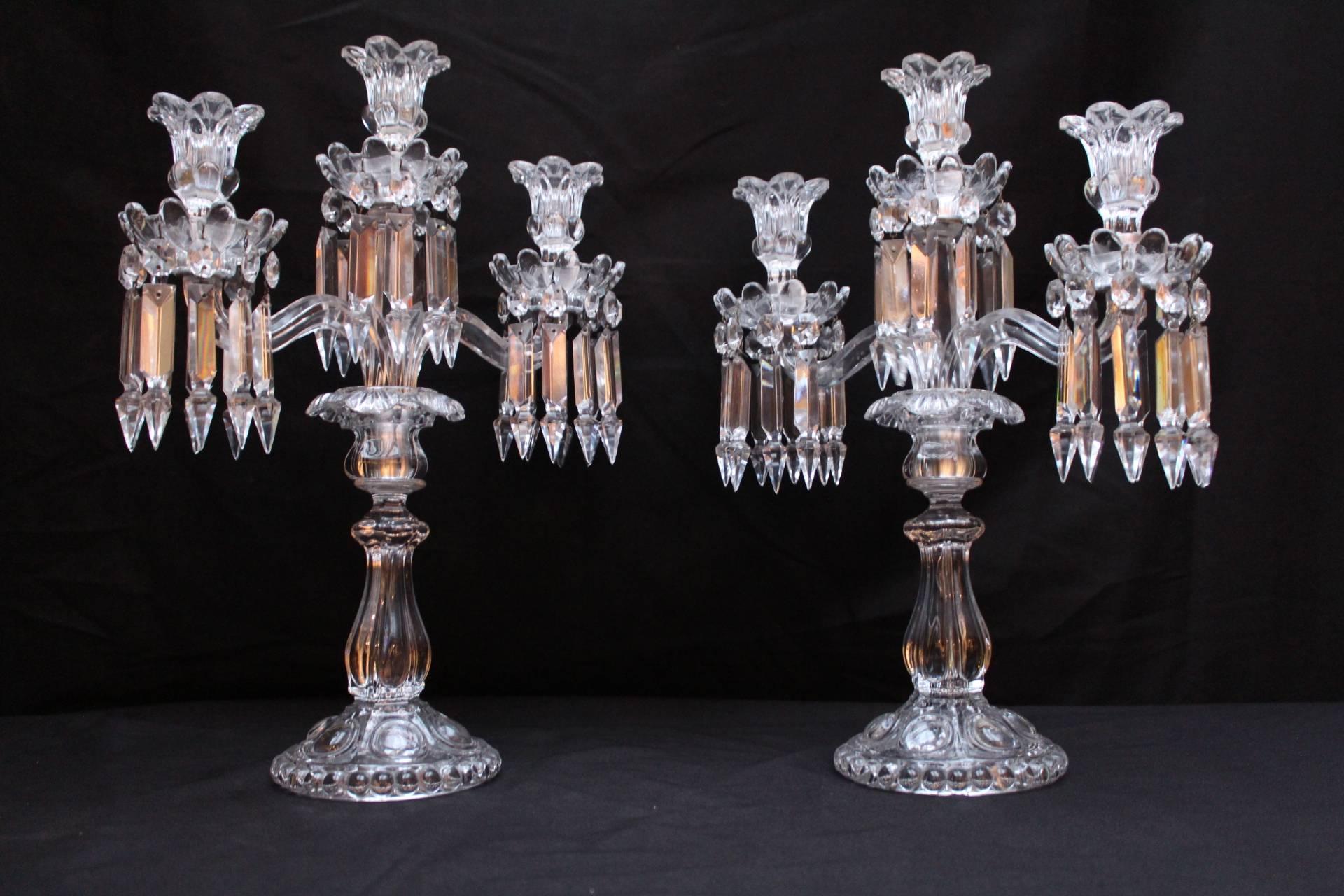Pair of three lights chandelier or candlestick
Baccarat 
1950
France 

Height 46 cm
Diameter 14 cm
Width 33 cm
