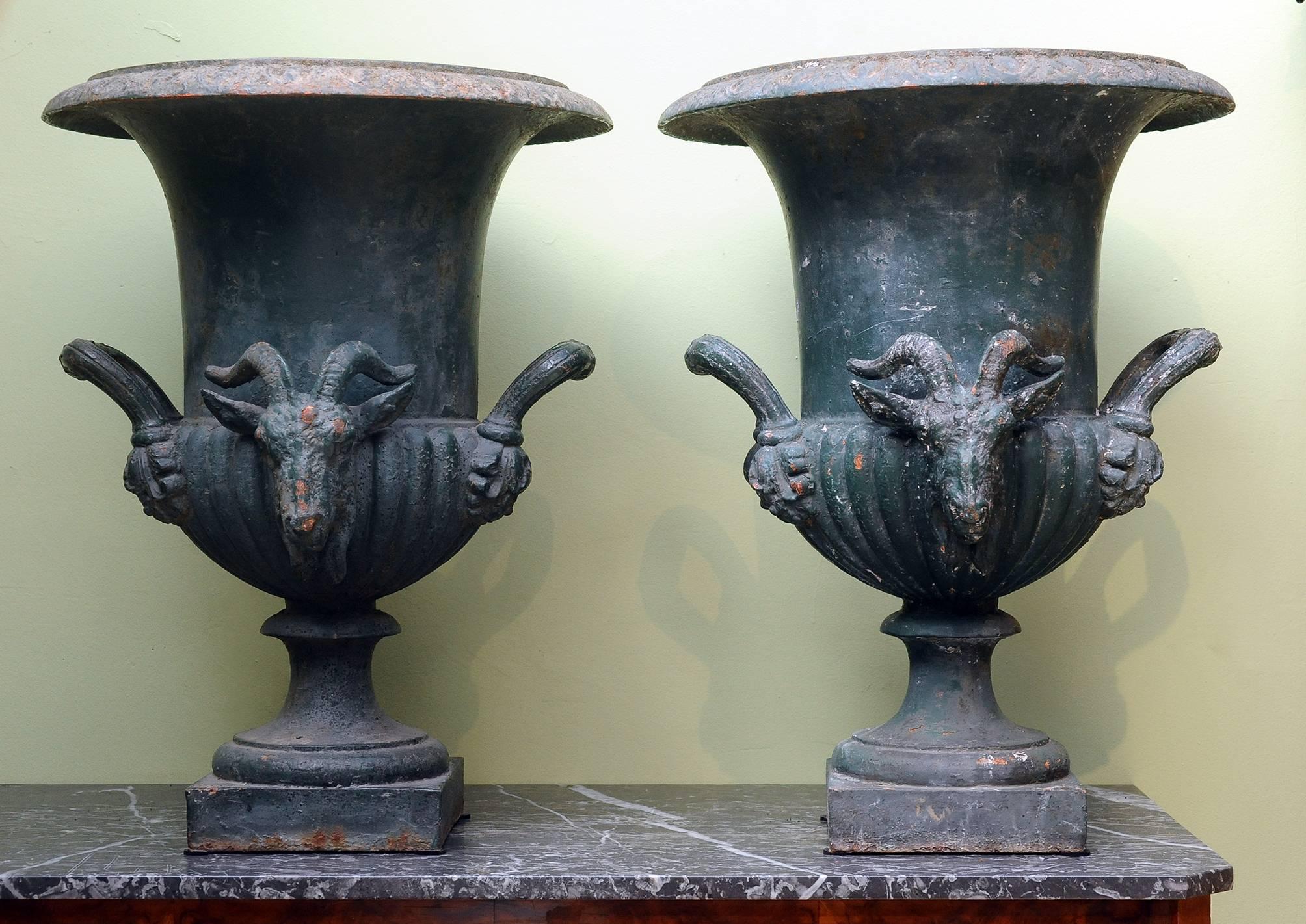 French 19th Century Rare Pair of Cast Iron Campana Urn Head of Ram and Handles For Sale