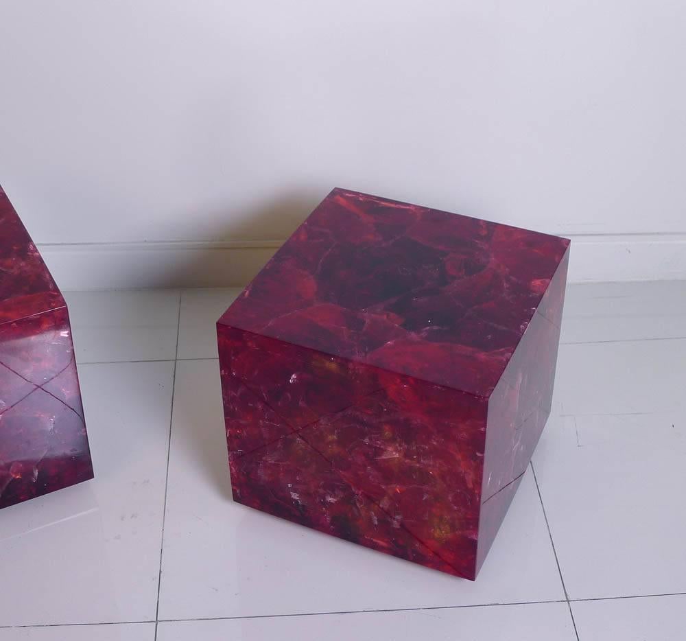 Rare Pair of cube table in resin fractal by Marie Claude de Fouquieres circa 1970. It's possibility to include in stool or pedestal.