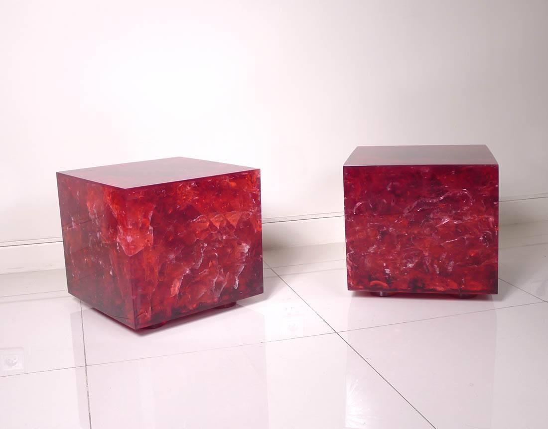 Mid-Century Modern Pair of Cube in Resine Fractal in Red Color Marie Claude de Fouquieres