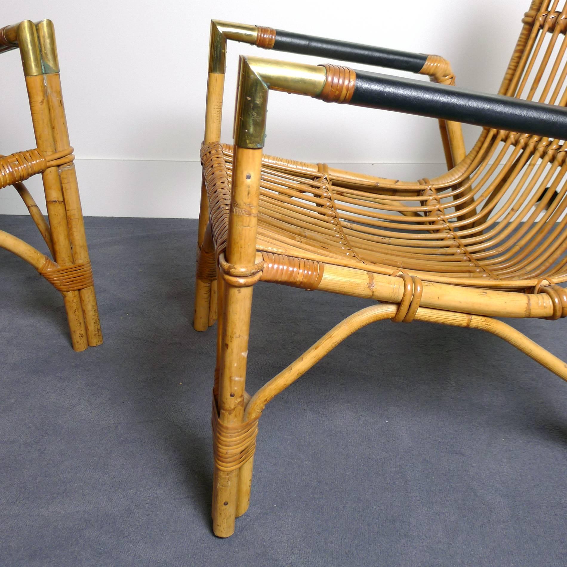 Pair of Armchairs in Rattan, circa 1950 In Good Condition For Sale In Saint-Ouen, FR