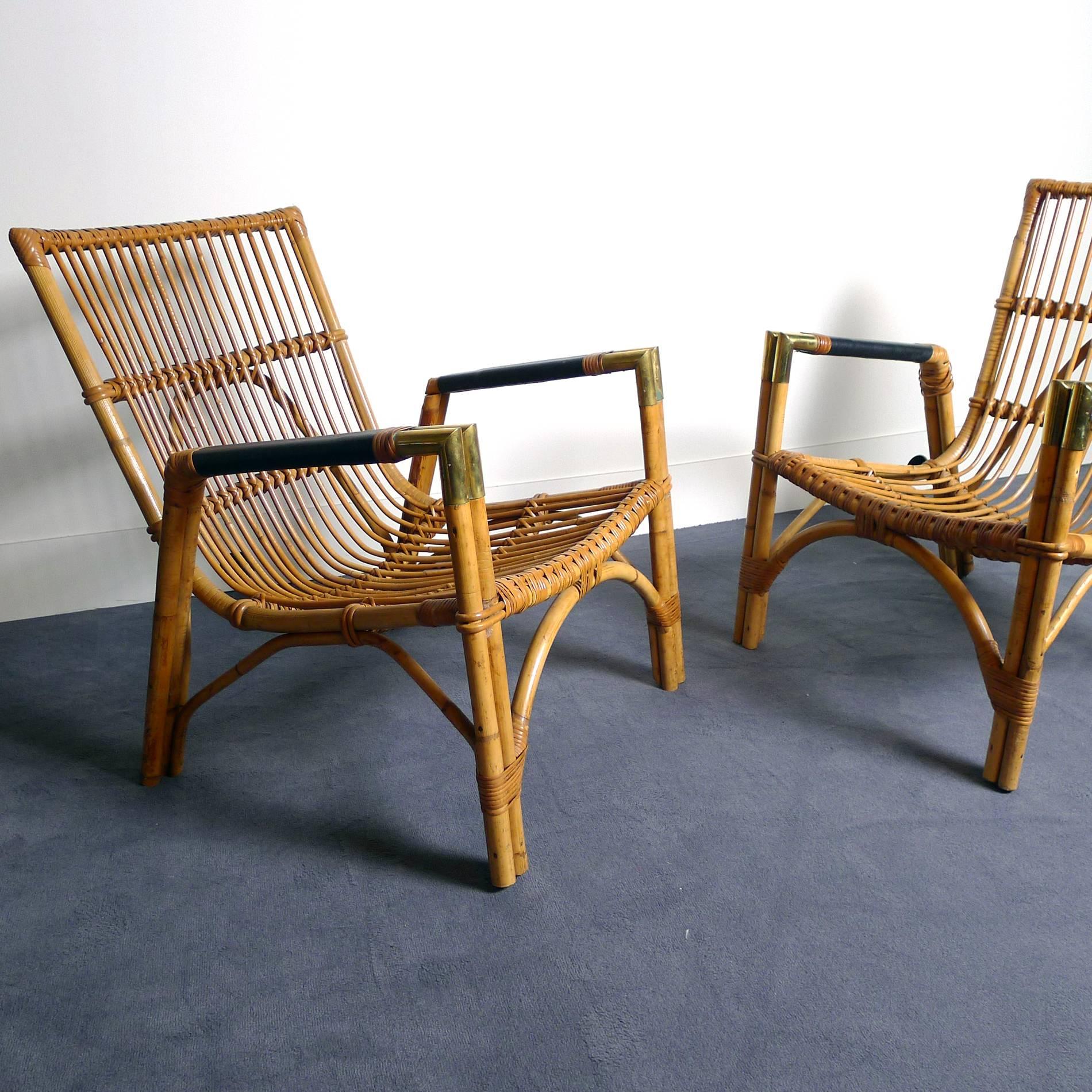 Mid-Century Modern Pair of Armchairs in Rattan, circa 1950 For Sale