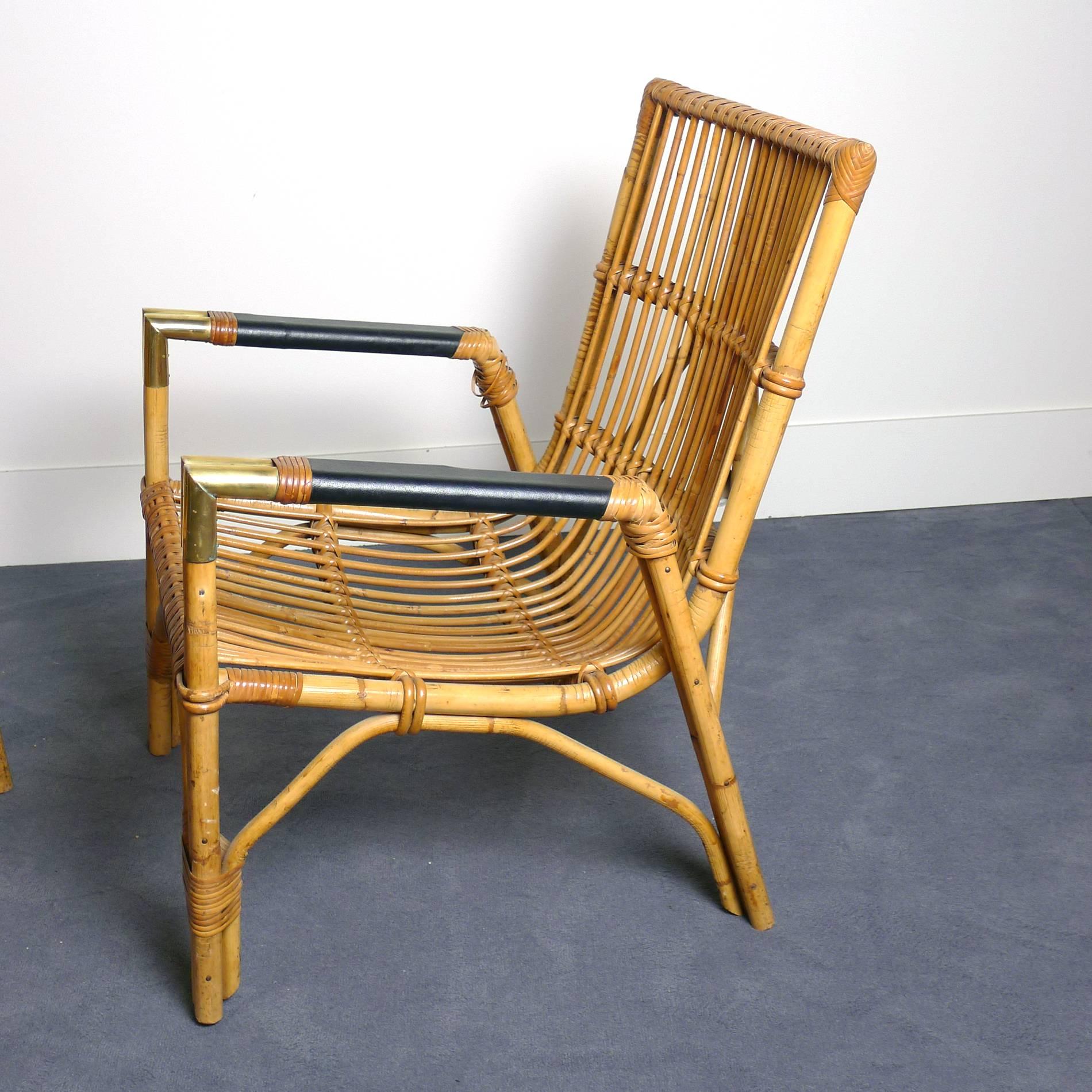 Italian Pair of Armchairs in Rattan, circa 1950 For Sale