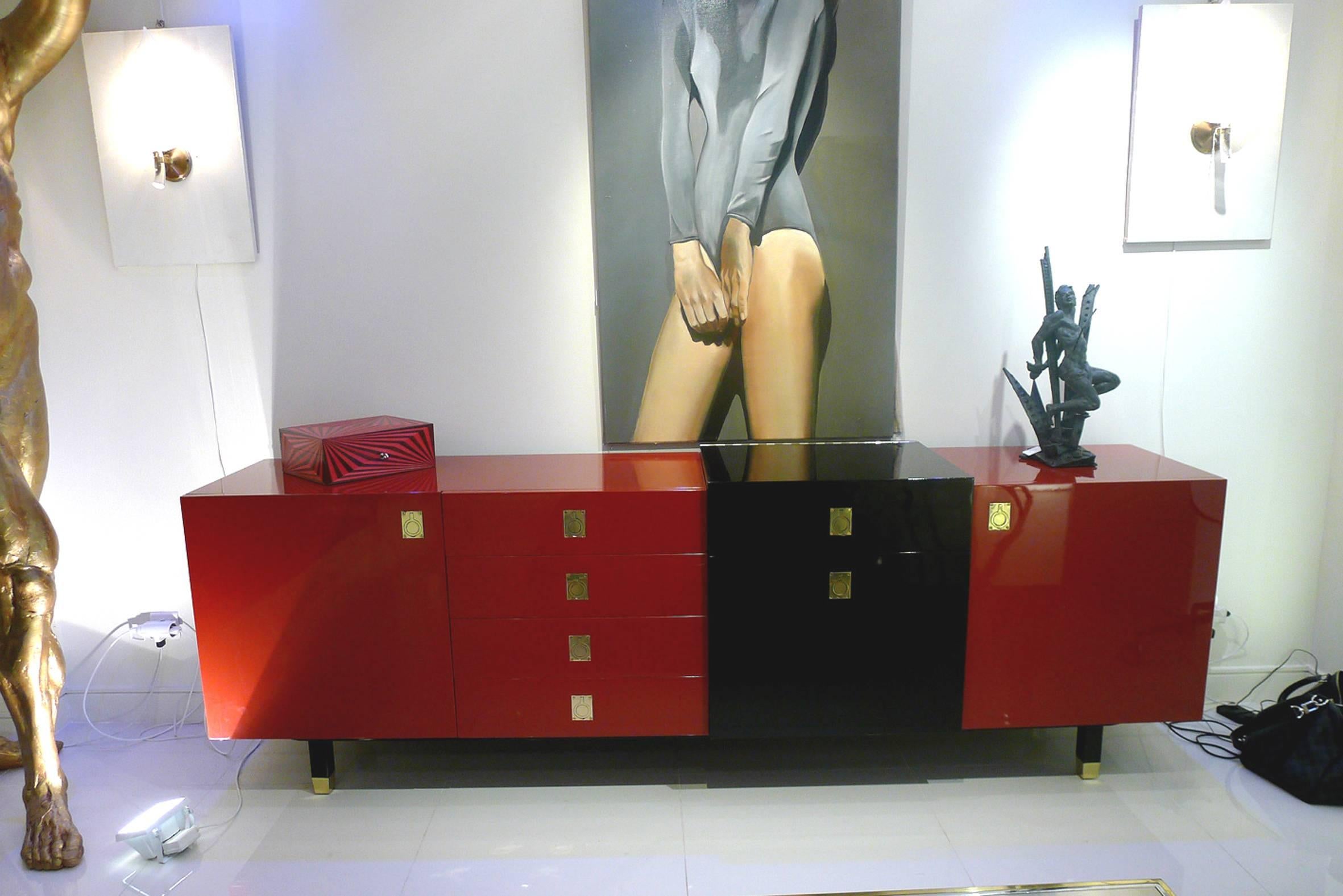 Mid-Century Modern Sideboard in Black and Red, circa 1950 For Sale