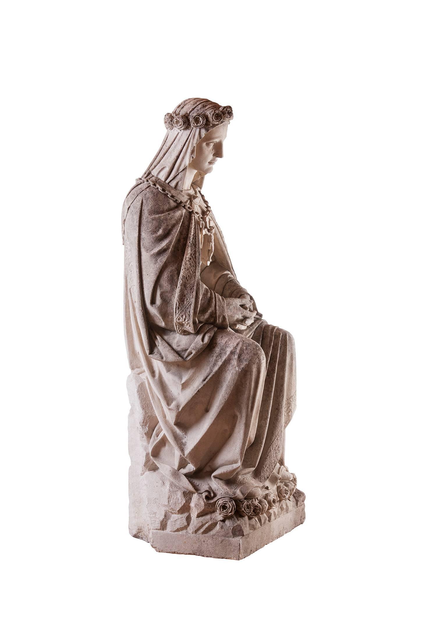 A Religious statue for a garden or in a chapel. This is definitly a wonderful work showing the virgin of la Salette.

She is 149cm tall. Her Basement is 60x50cm and she weighs around 500kg.

Our Lady of La Salette is a Marian apparition reported by