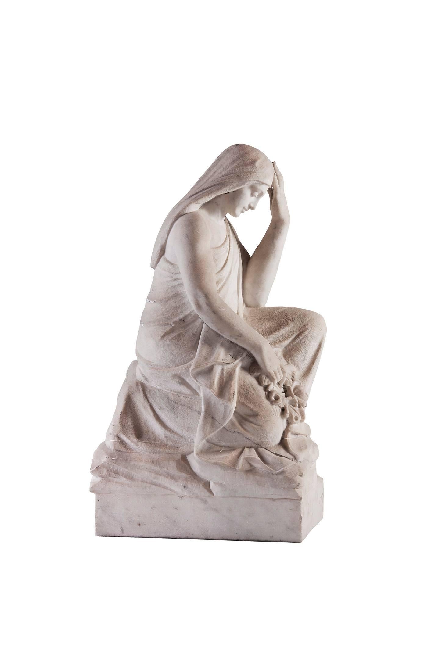 Neoclassical Women Thinking Scuplture, 19th Century, white Marble For Sale