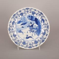 Chinese Porcelain Blue and White Saucer Dish with Hunting Scene, 17th Century