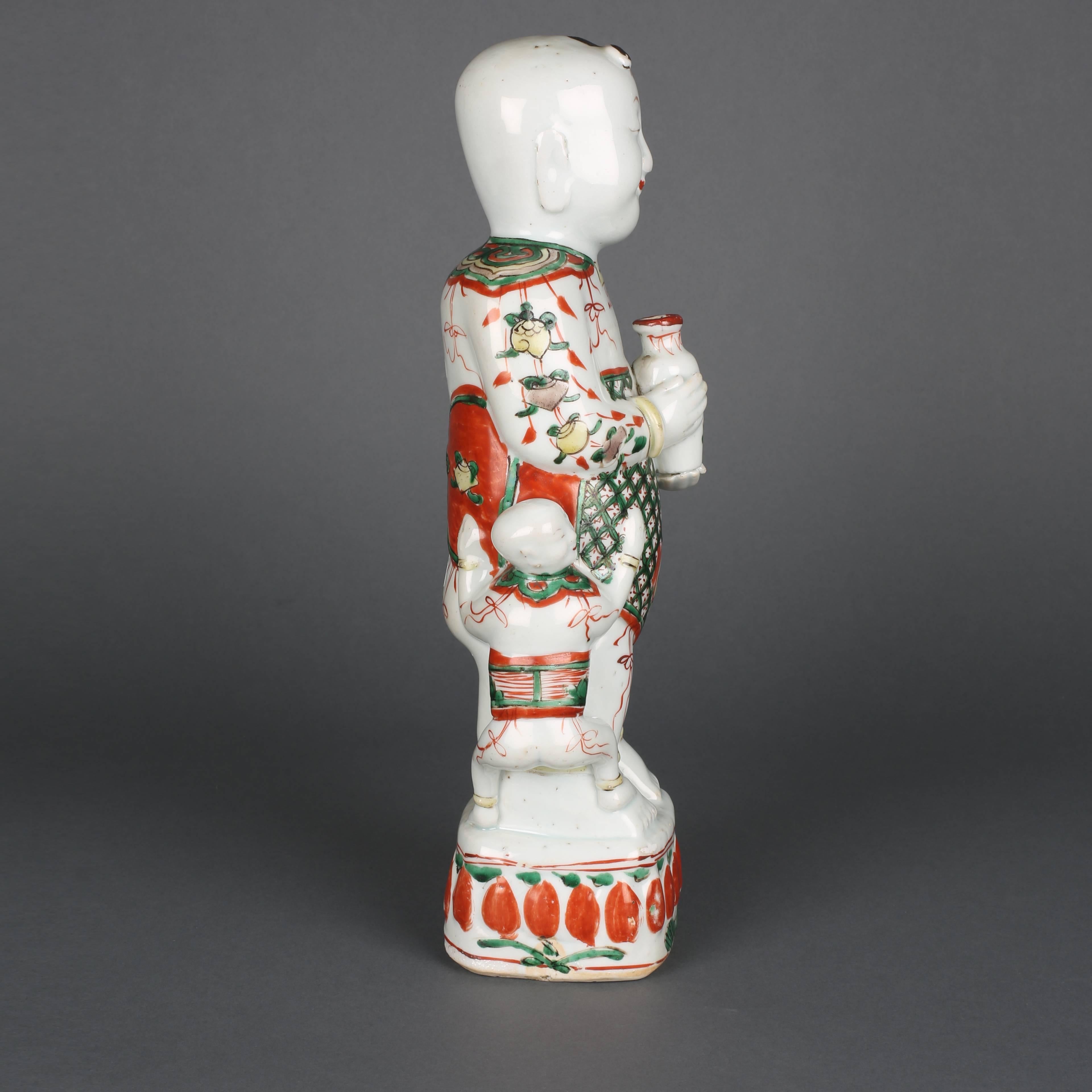 Painted Chinese Porcelain Famille Verte Large Standing Boy, Early Qing, 17th Century For Sale