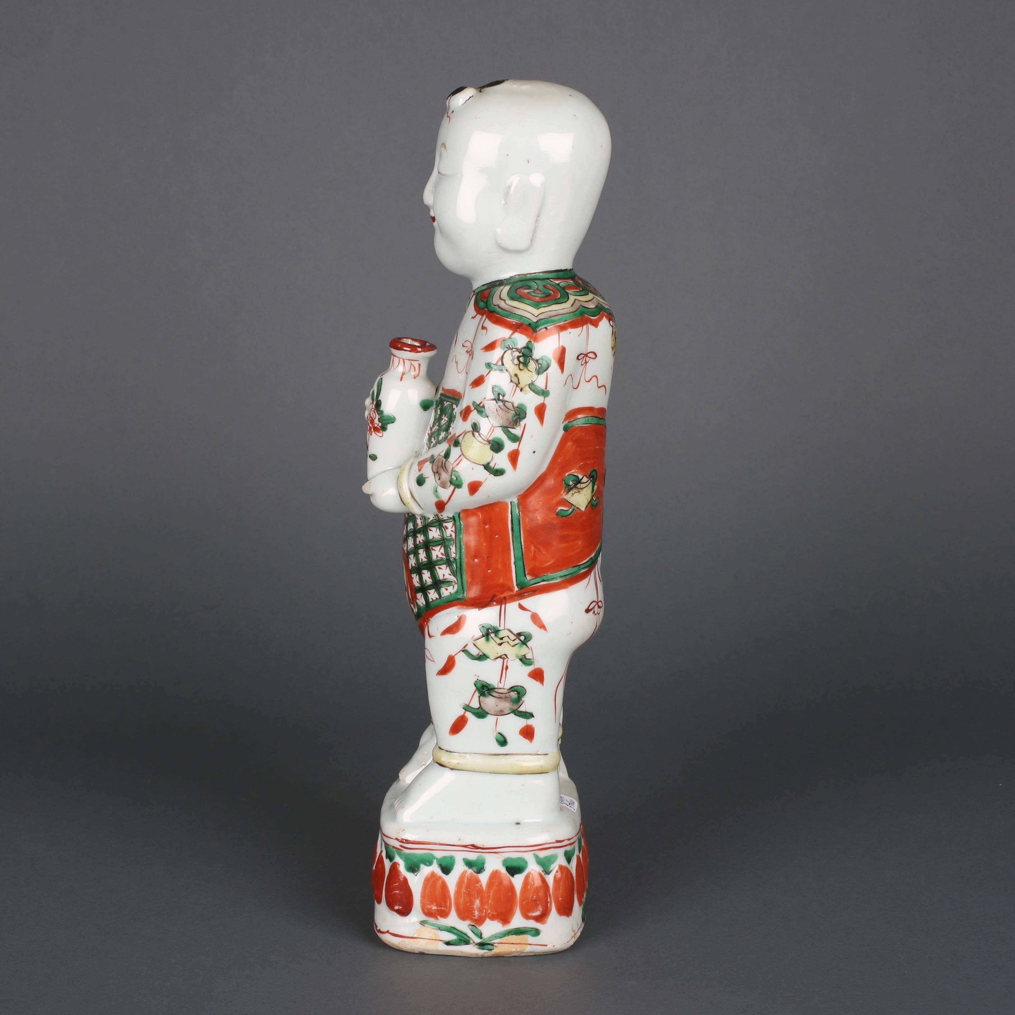 Chinese Porcelain Famille Verte Large Standing Boy, Early Qing, 17th Century In Excellent Condition For Sale In London, GB