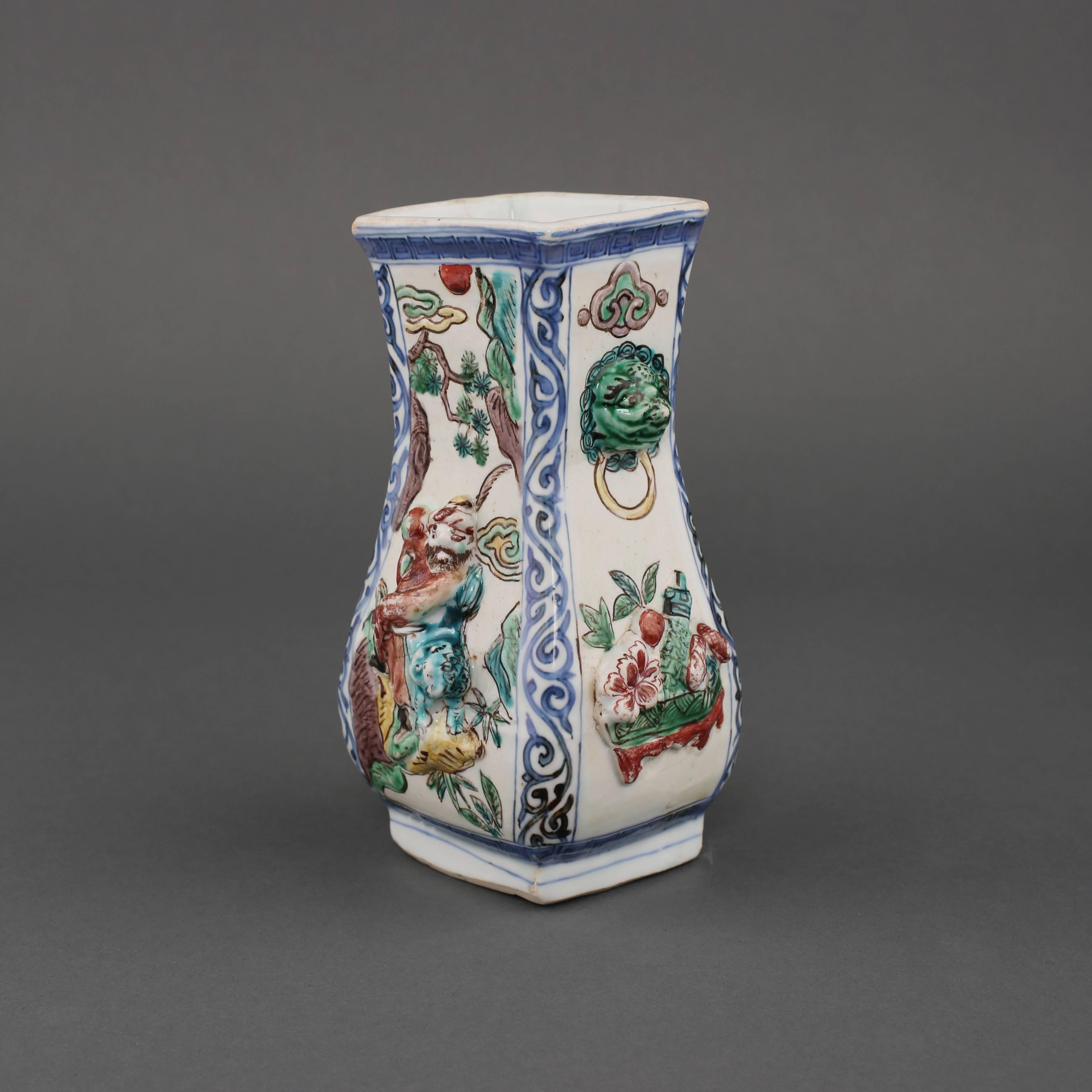 18th Century and Earlier Chinese Porcelain Wucai Pear Shaped Rectangular Vase, 17th Century For Sale