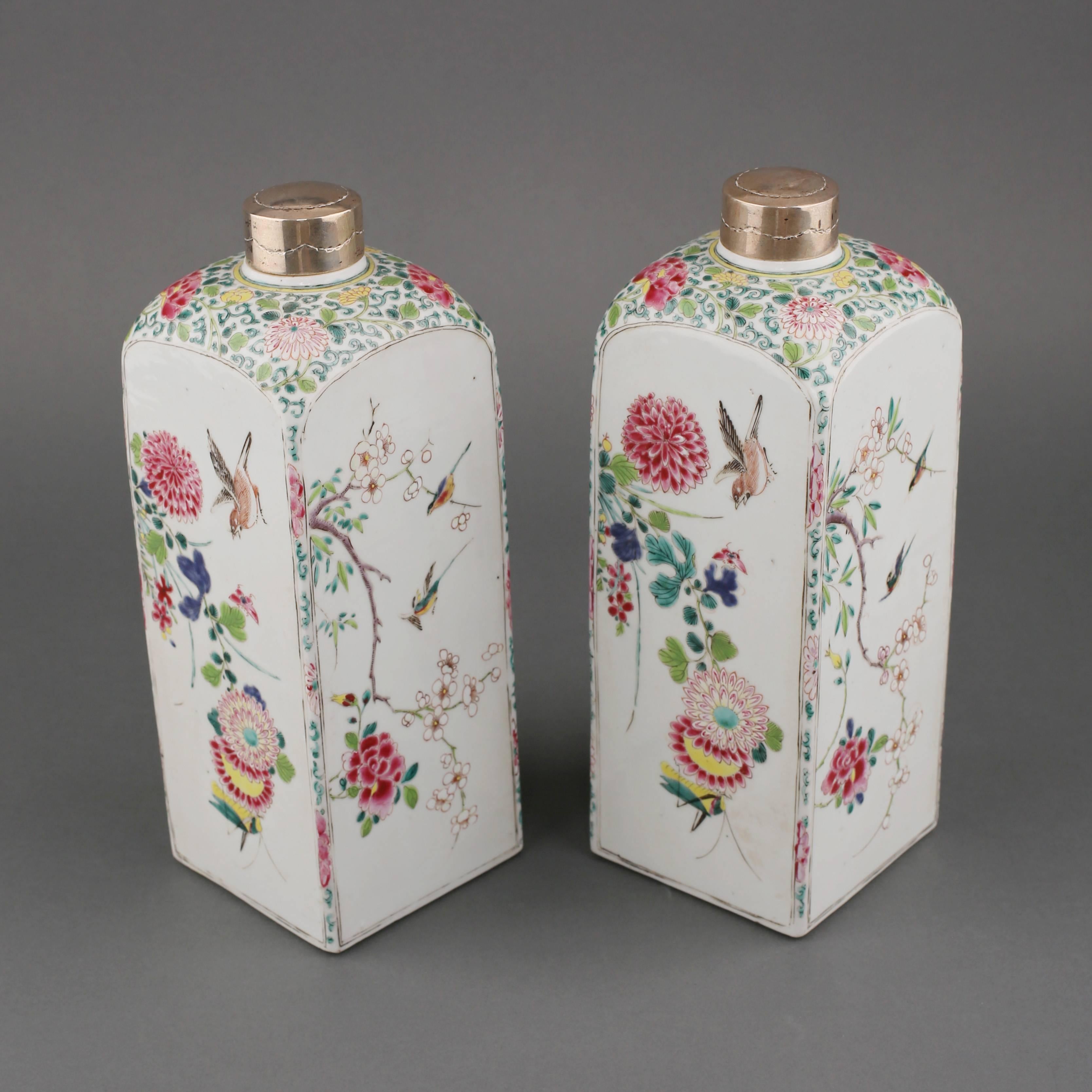 Qing Pair of Famille Rose Square Canisters, 18th Century