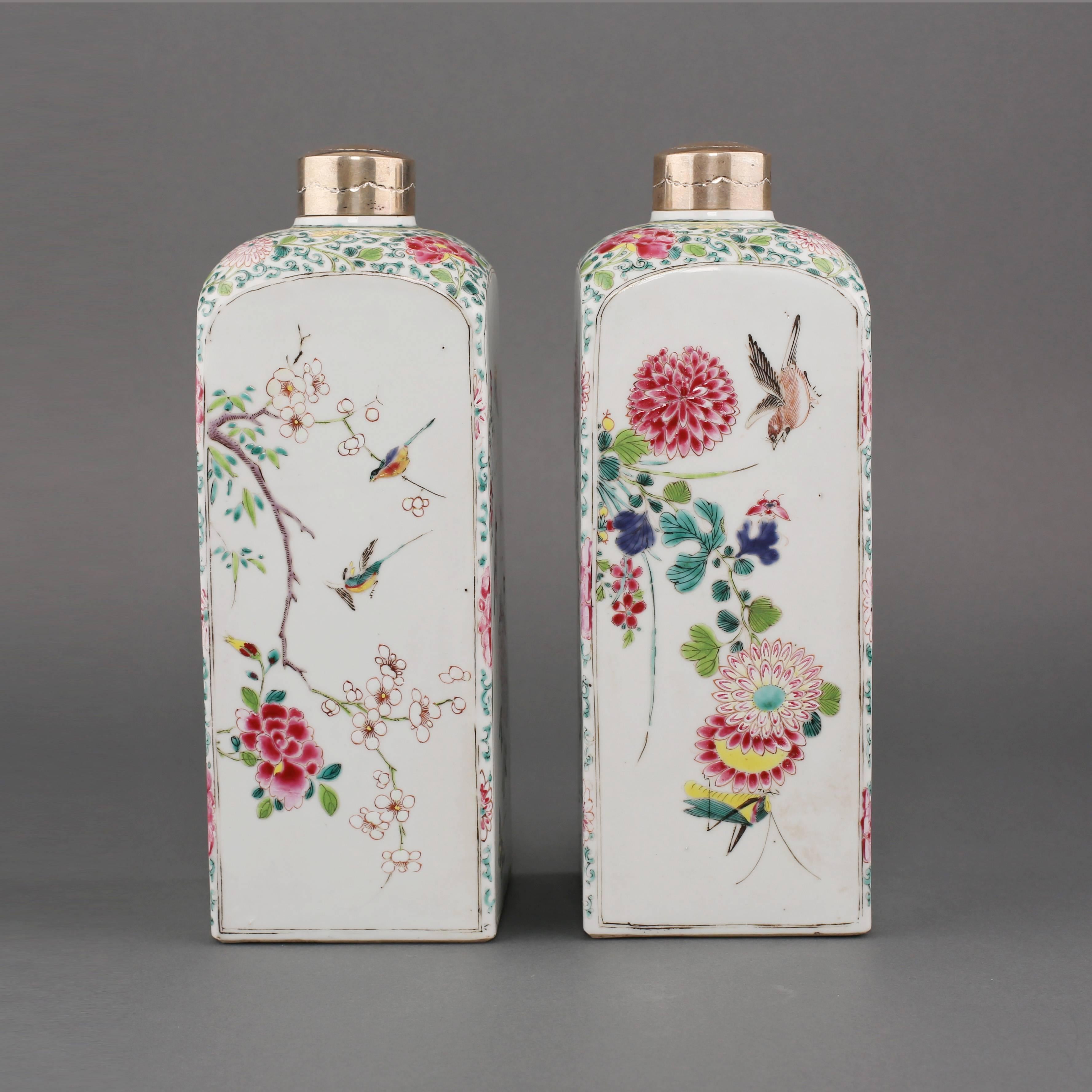 Painted Pair of Famille Rose Square Canisters, 18th Century