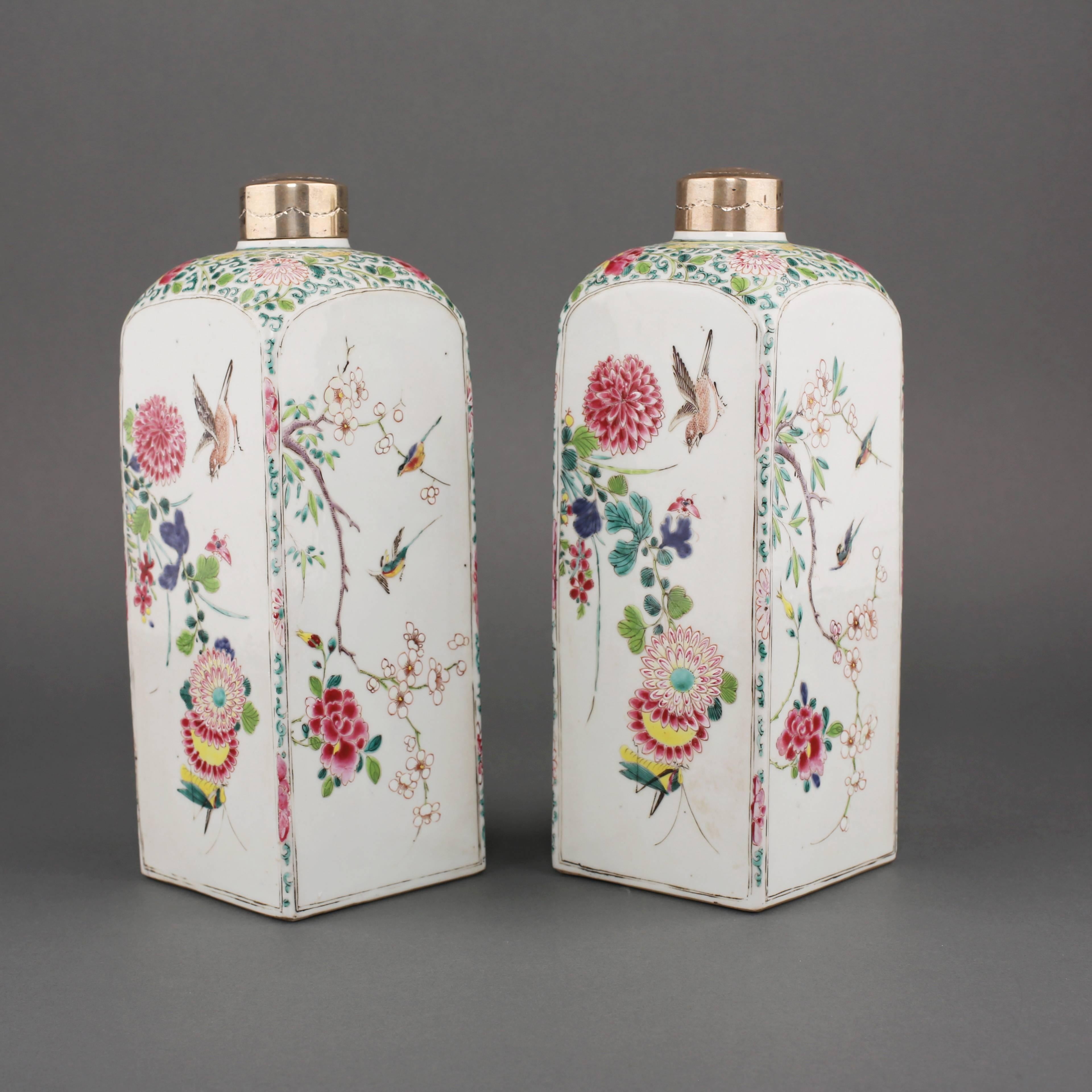 Chinese Pair of Famille Rose Square Canisters, 18th Century