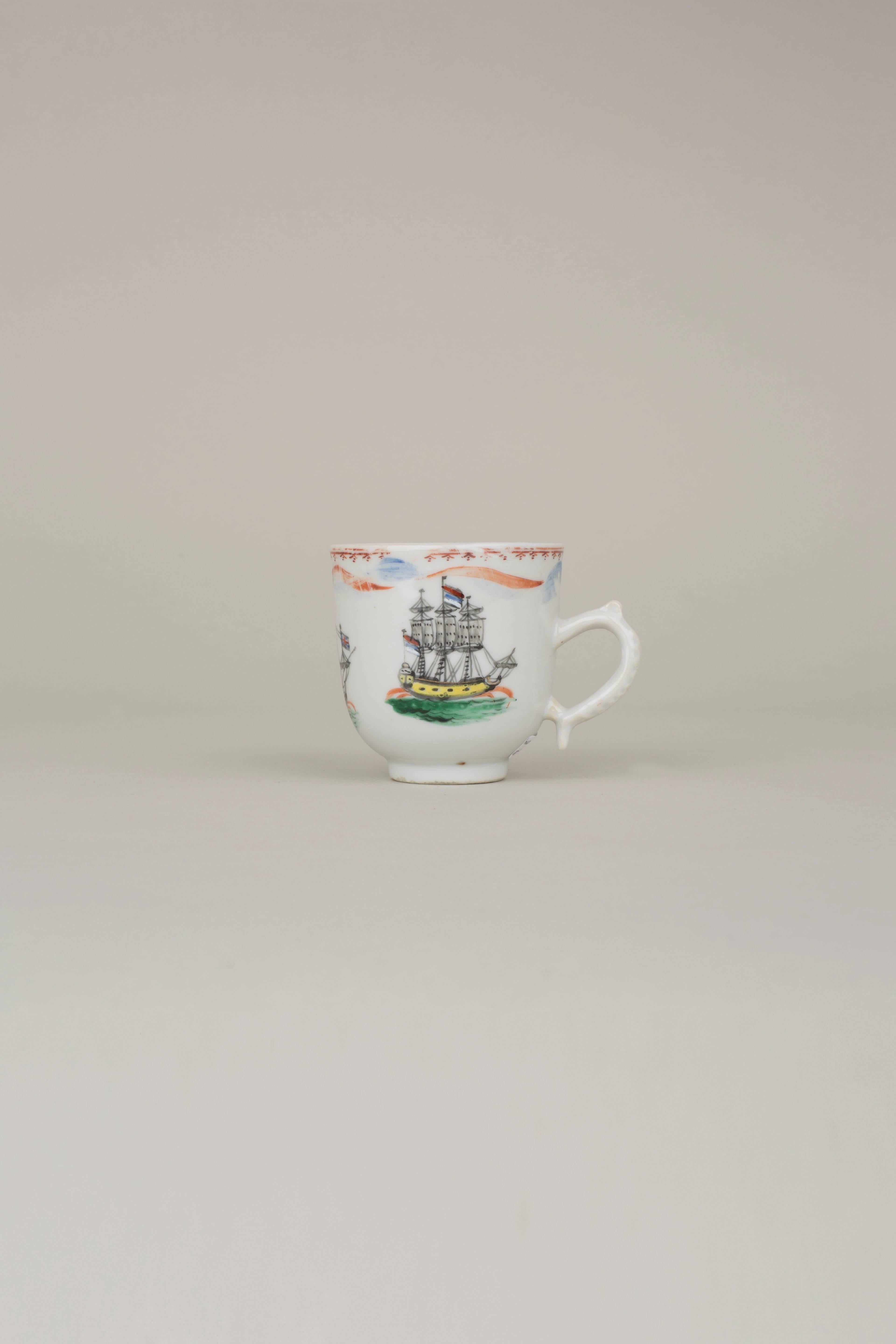 A Chinese export porcelain coffee cup painted on the exterior with three ships, one flying British flags, one with white flags and the other with Dutch flags, the interior plain.

Measures: 6.4cm high.

Qianlong, 1736-1795.

Condition: