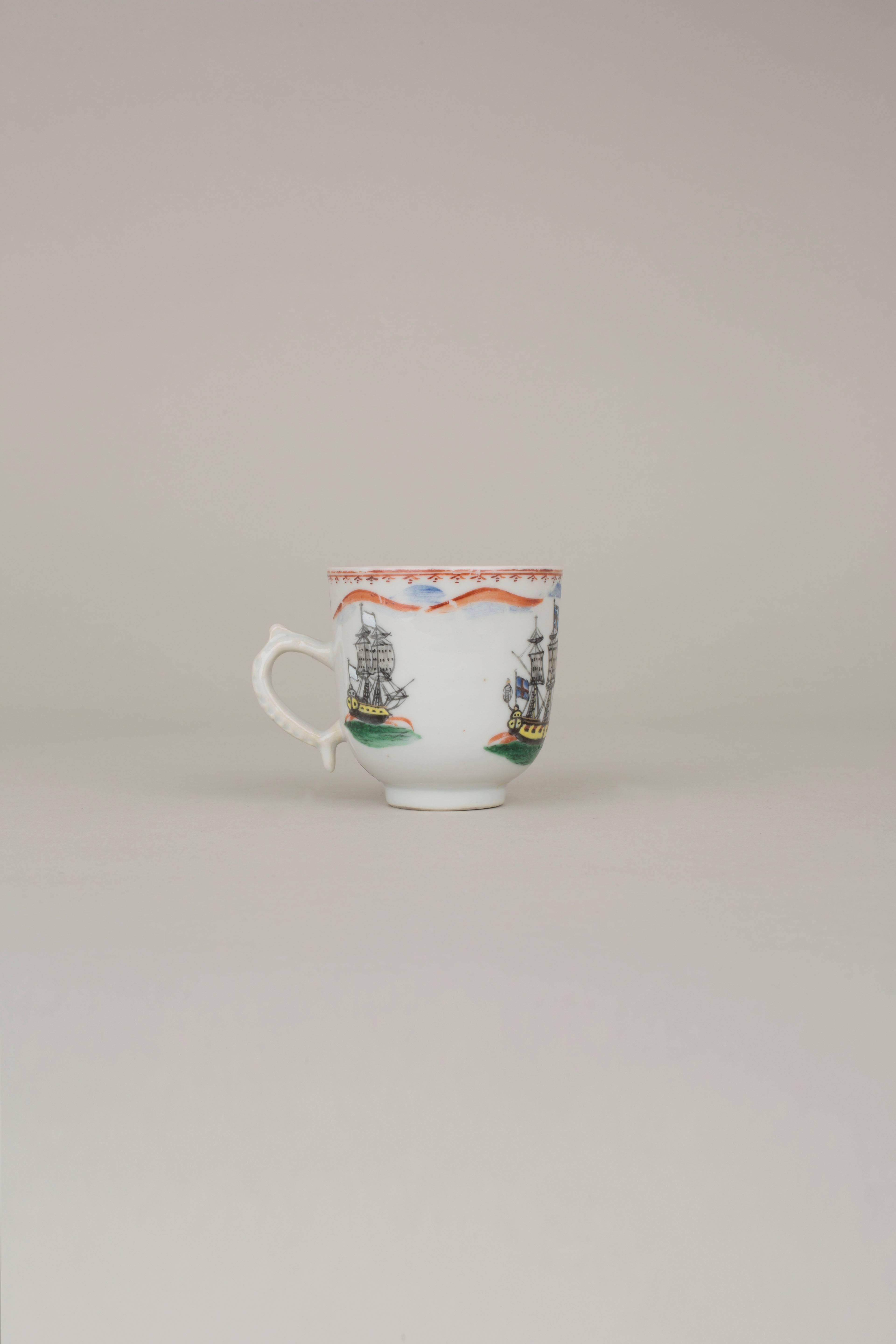 Qing Chinese Export Porcelain Coffee Cup with Three Ships and Flags, 18th Century For Sale