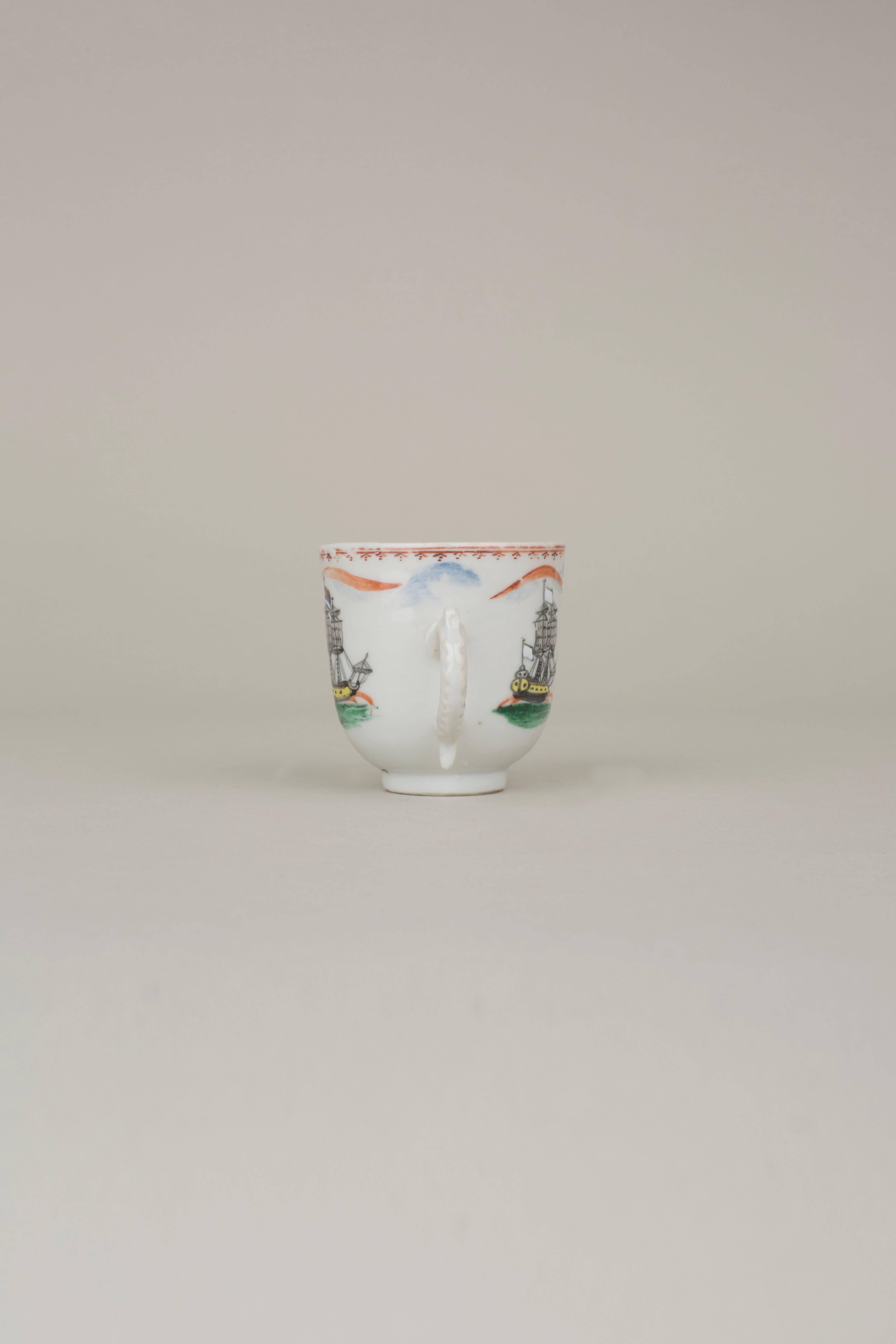 Enameled Chinese Export Porcelain Coffee Cup with Three Ships and Flags, 18th Century For Sale