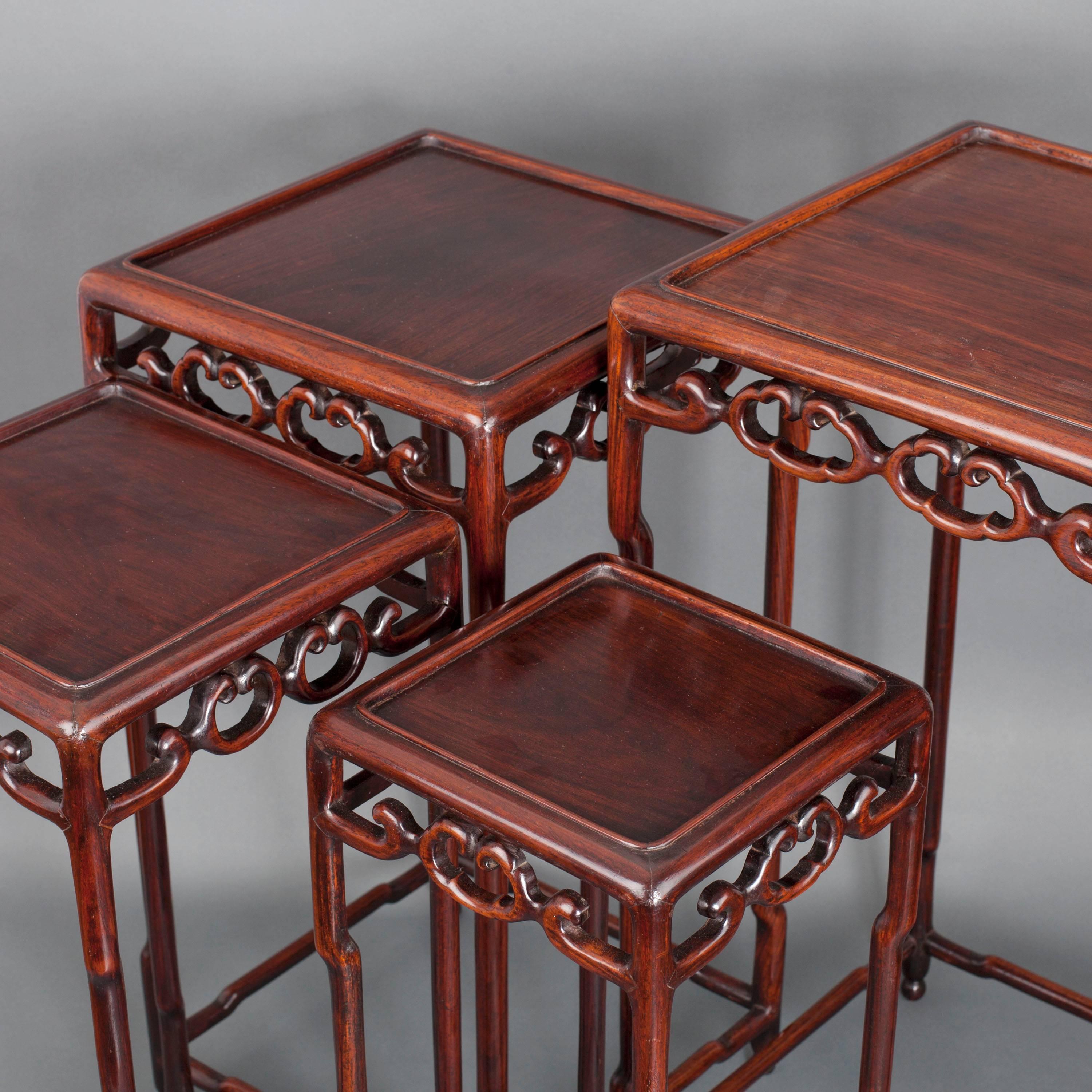 Wood Chinese Hongmu Nest of Four Square Tables, circa 1900 For Sale