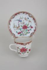 Chinese Porcelain Famille Rose Teacup and Saucer Each with a Bird on Brach
