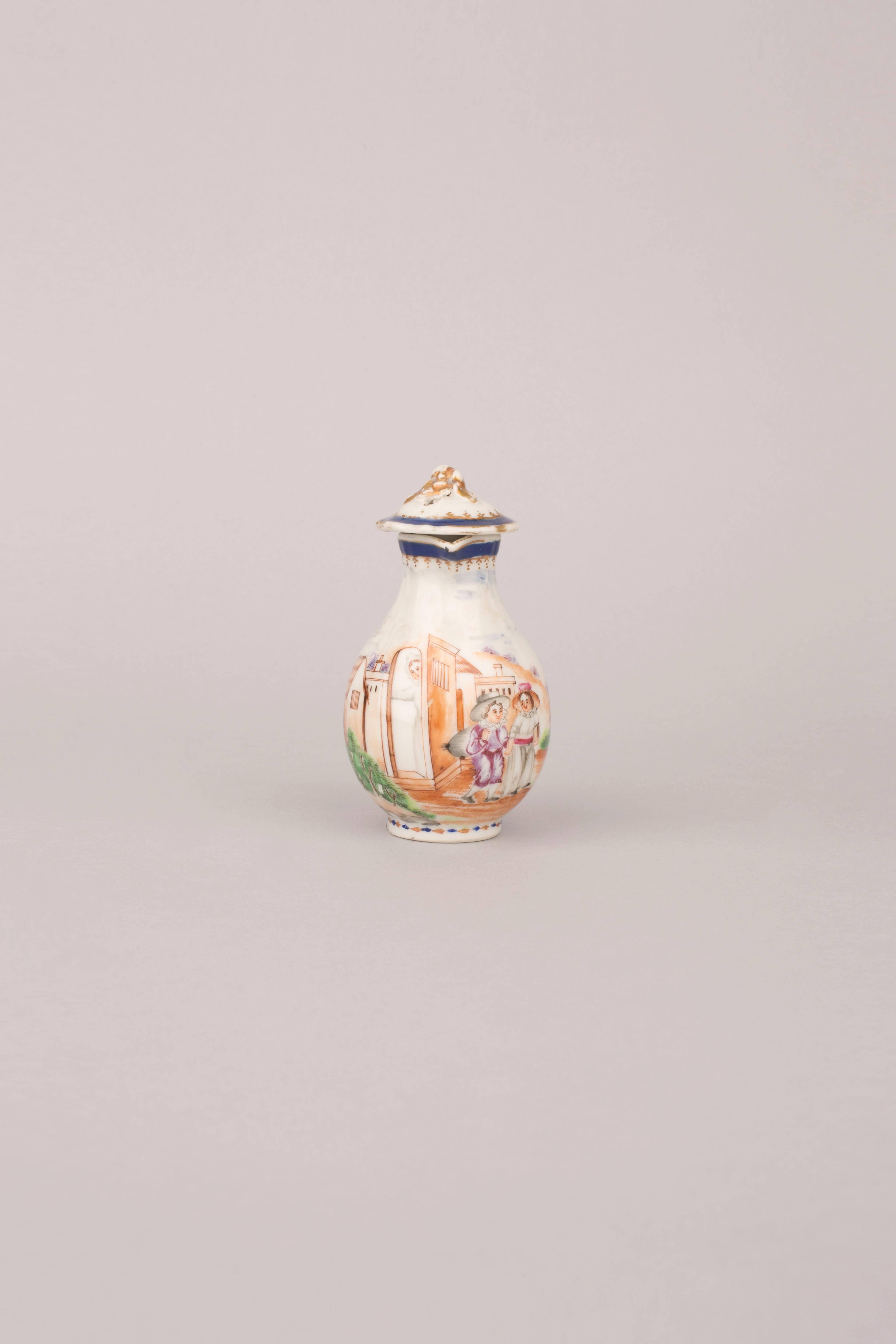 A Chinese export porcelain famille rose cream jug and cover painted with a scene of two children leaving school, as the teacher looks on from a doorway,

Qianlong, circa 1790. 

9.9 cm high including cover, 3cm mouth diameter.