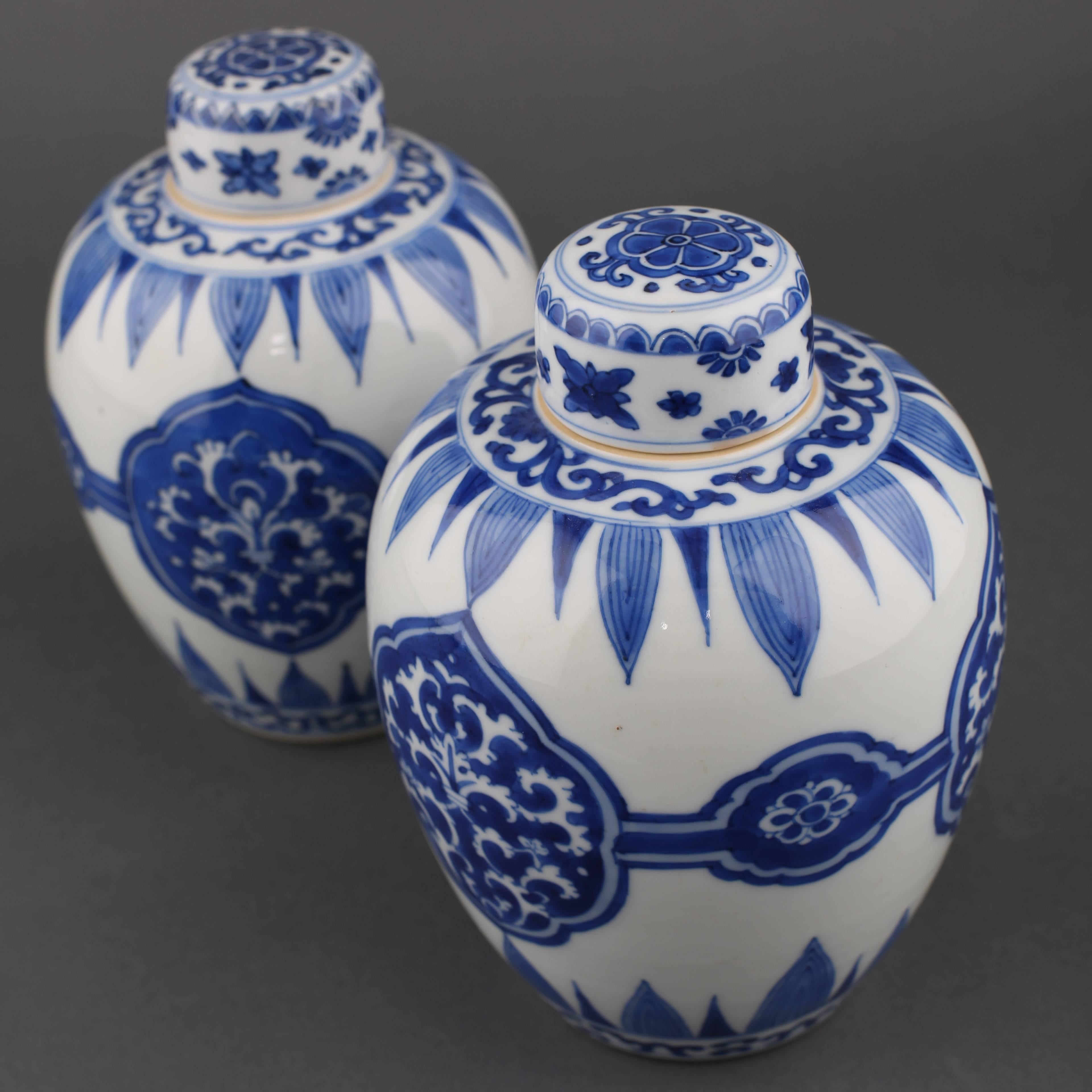 18th Century and Earlier Chinese Porcelain Blue and White Pair Ovoid Jars and Covers, Kangxi For Sale