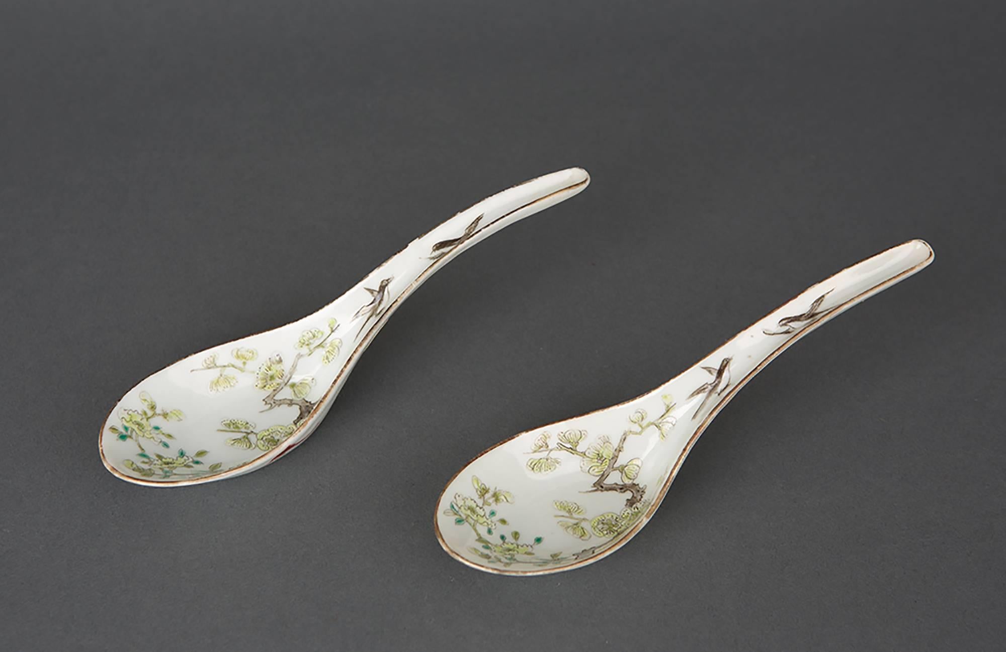 Qing Pair of Chinese Porcelain Spoons with Blossoms and Birds, 19th Century For Sale