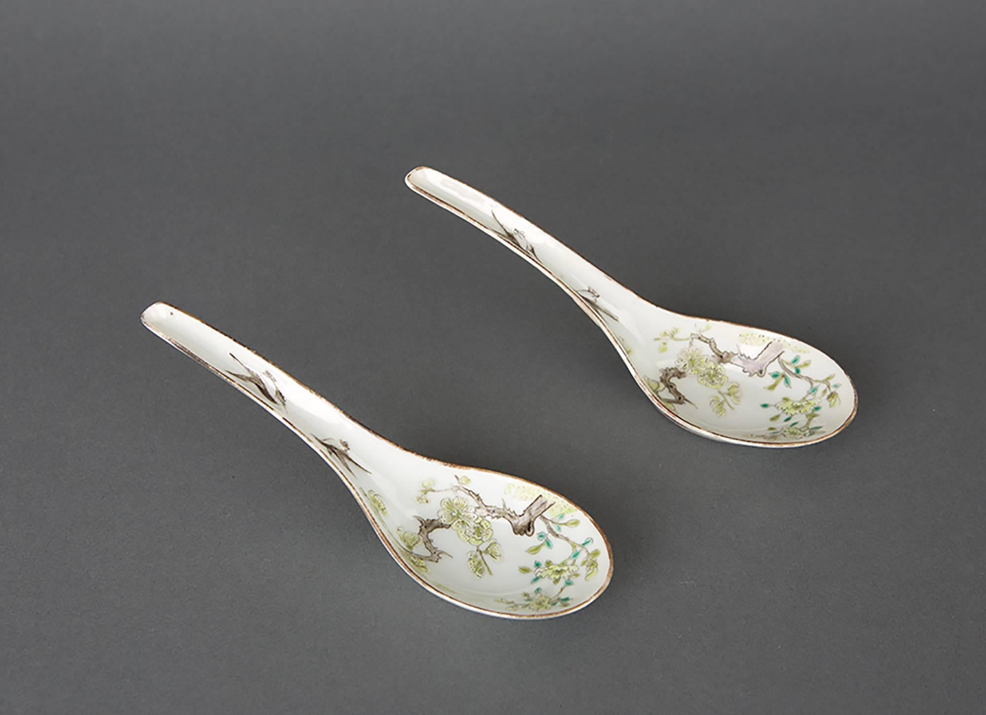 Painted Pair of Chinese Porcelain Spoons with Blossoms and Birds, 19th Century For Sale