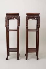 Pair of Chinese Black Wood Hong Mu Square Pedestal Tables, 19th Century