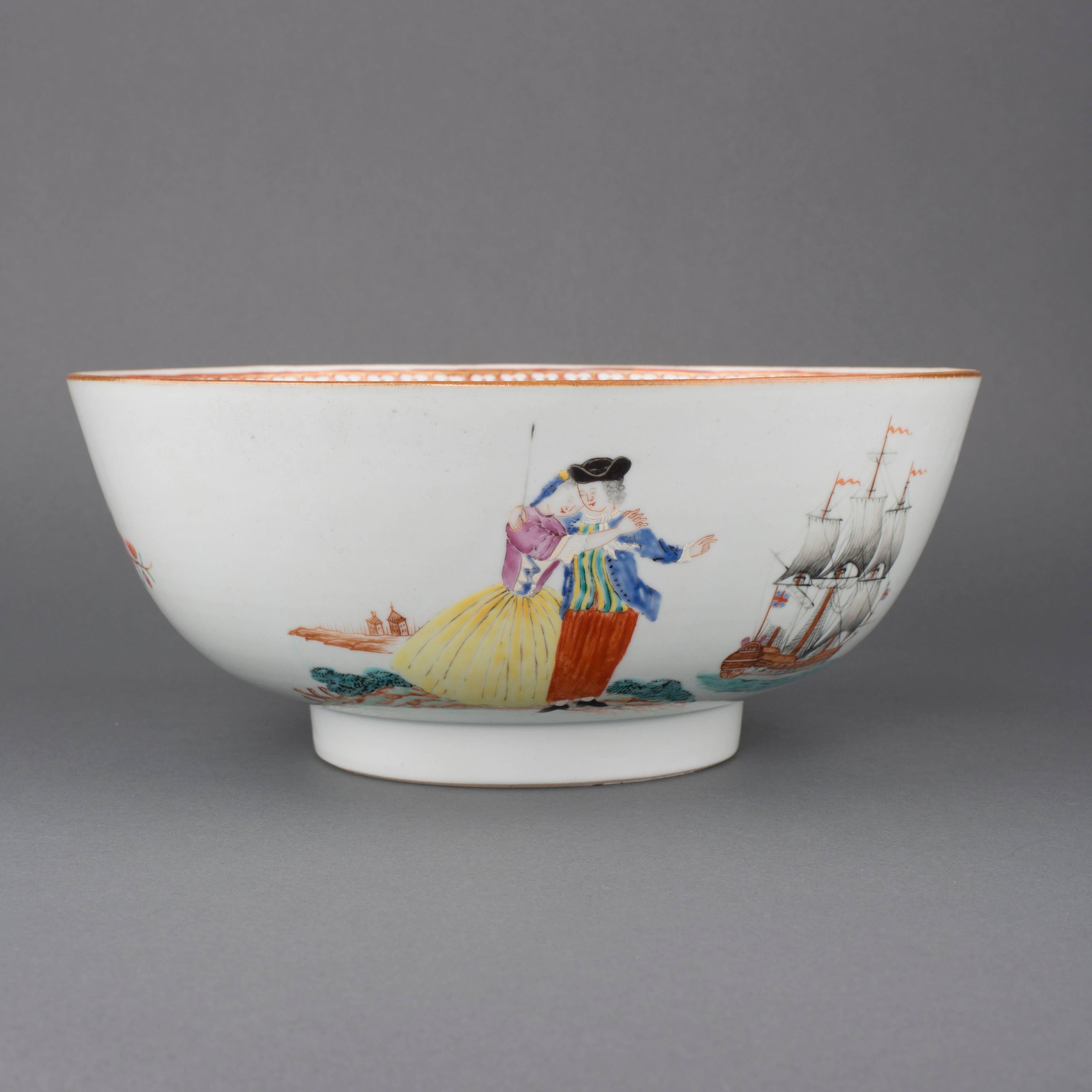 Painted Chinese Export Porcelain Famille Rose Punch Bowl “The Sailor's Farewell”,