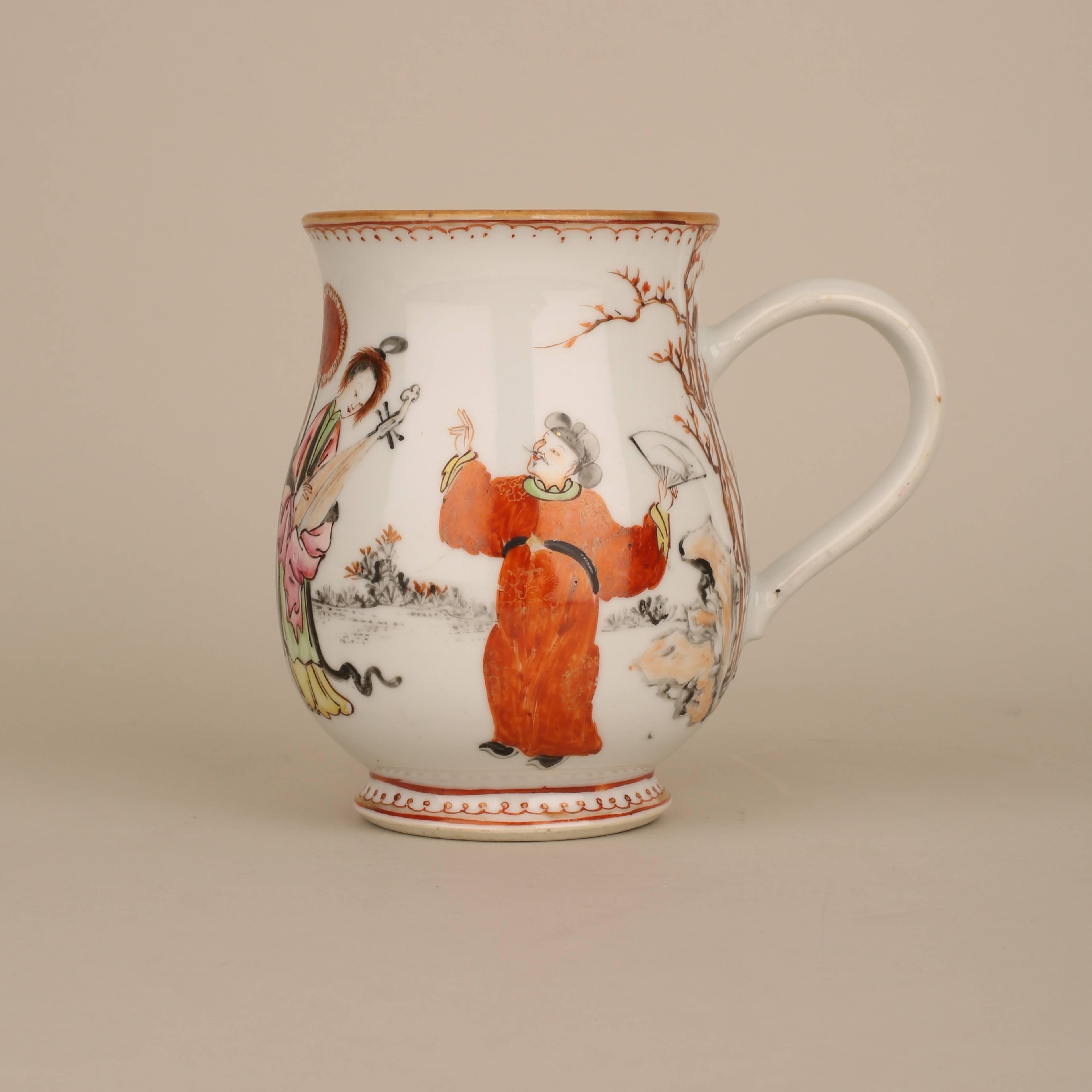 A Chinese porcelain large beaker cup painted in enamels with a man holding a fan and four attendants, one leading a horse all in a continuous scene, a decorative pattern to the lip and foot rim.

14.3cm high.

Qianlong, 1736-1795.