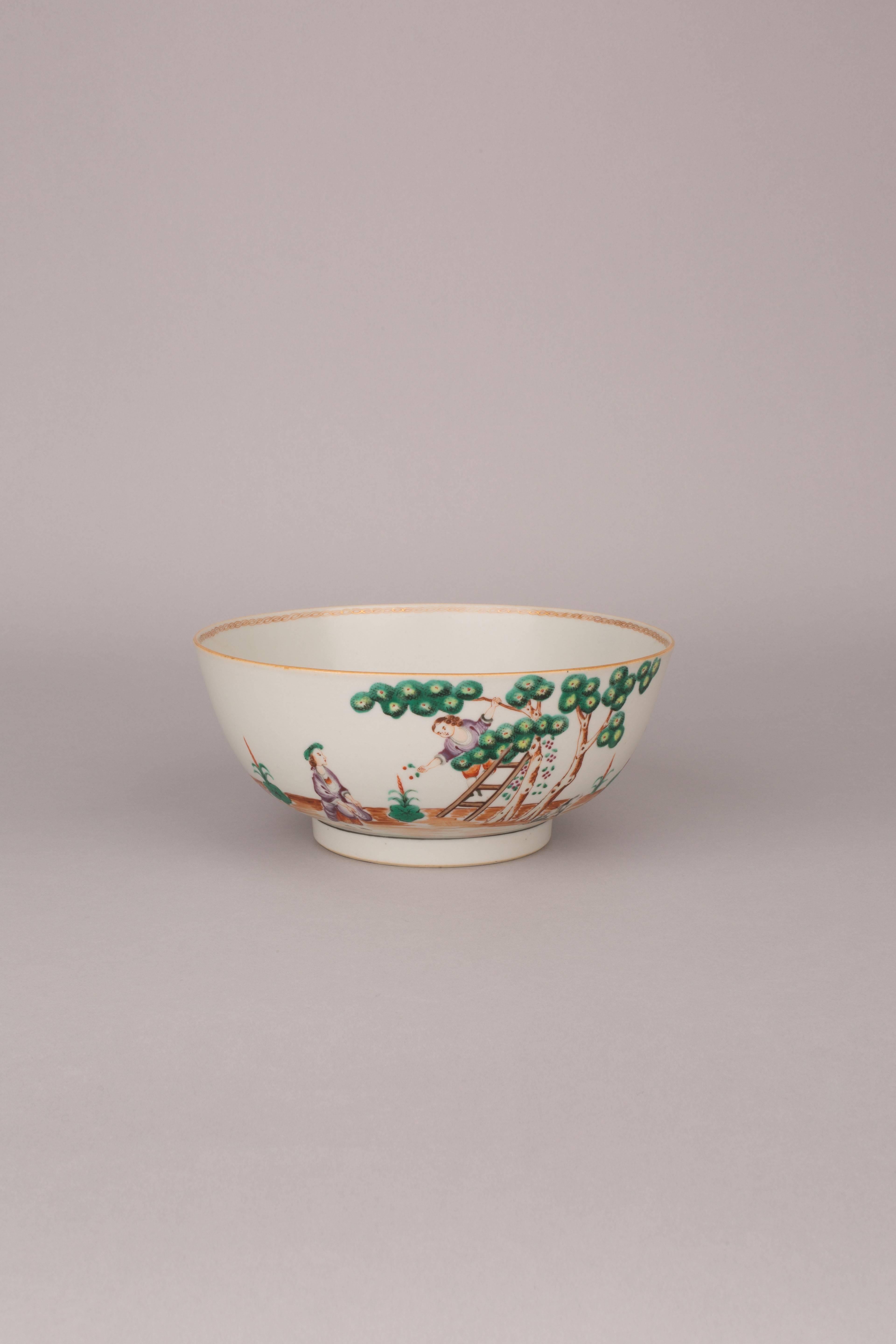 Qing A Chinese export porcelain famille rose deep bowl, ‘Cherry Pickers’, 18th century