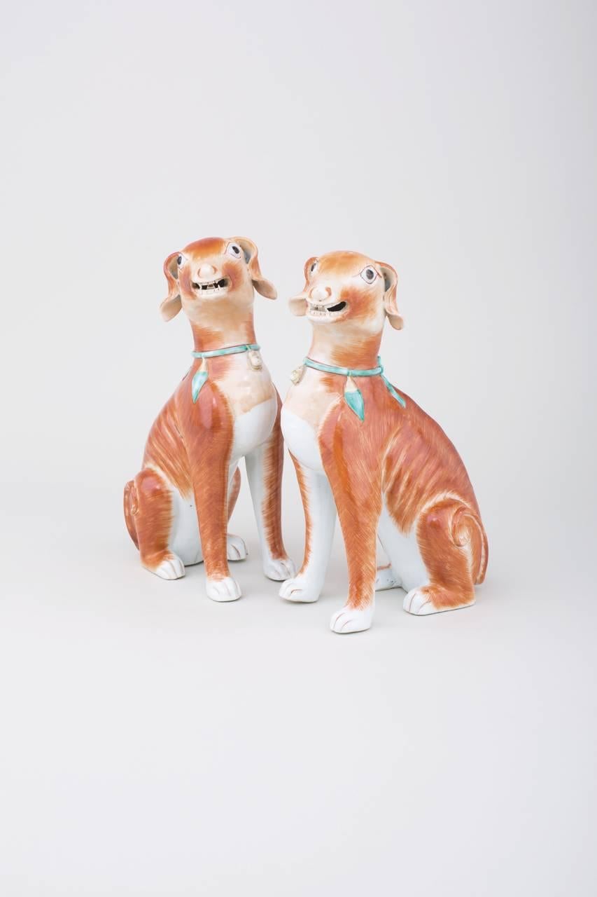 Painted Pair of Chinese Export Porcelain Seated Open-Mouthed Hounds, 18th Century