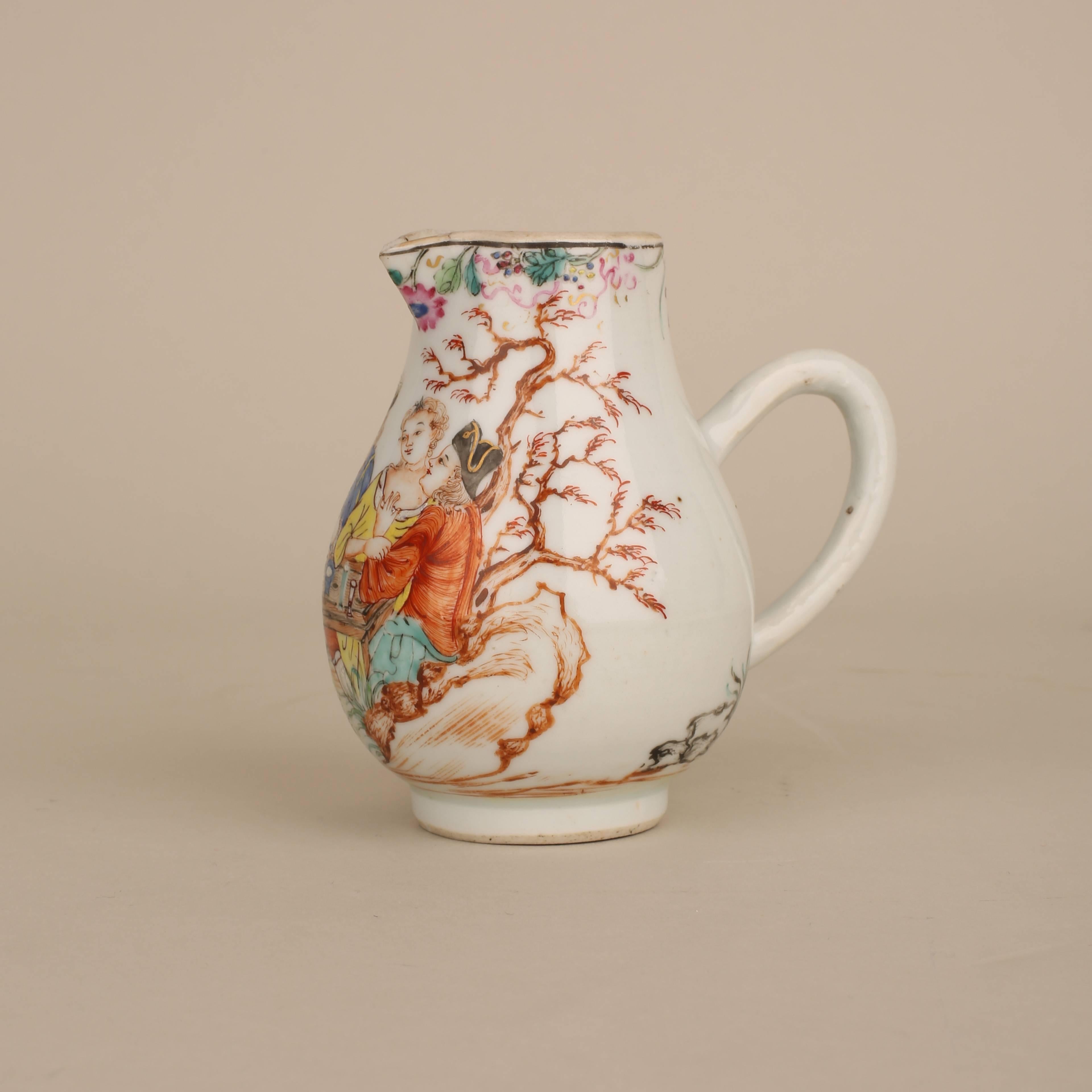A Chinese export porcelain cream jug painted in enamels with two European amorous couples seated at a table surrounded by rocks and trees.

Measures: 9.6cm high.

Qianlong, 1736-1795.

Condition: Natural fire flaw at the spout.