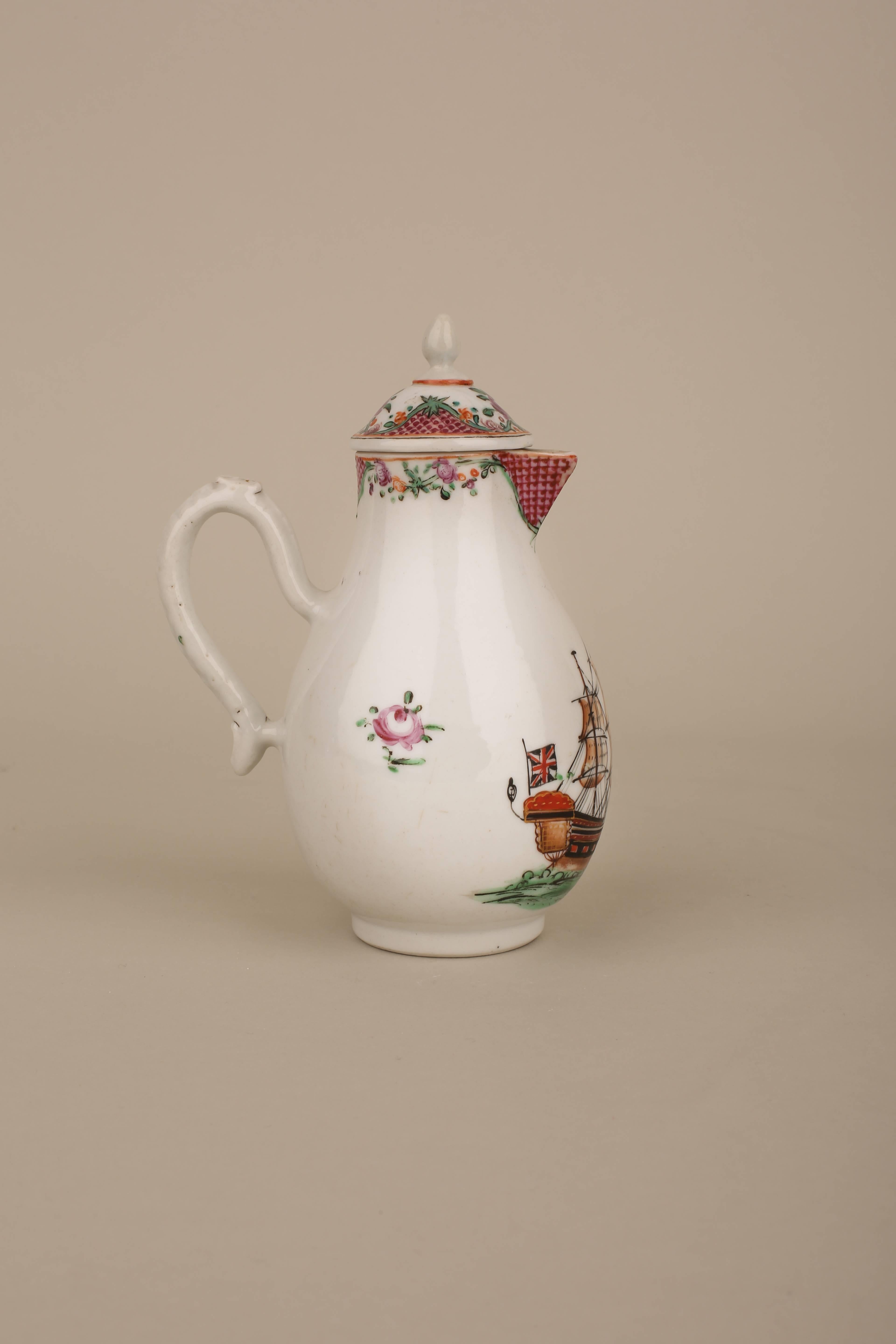 Qing Chinese Porcelain Famille Rose Cream Jug, English Sailing Ship, 18th Century For Sale