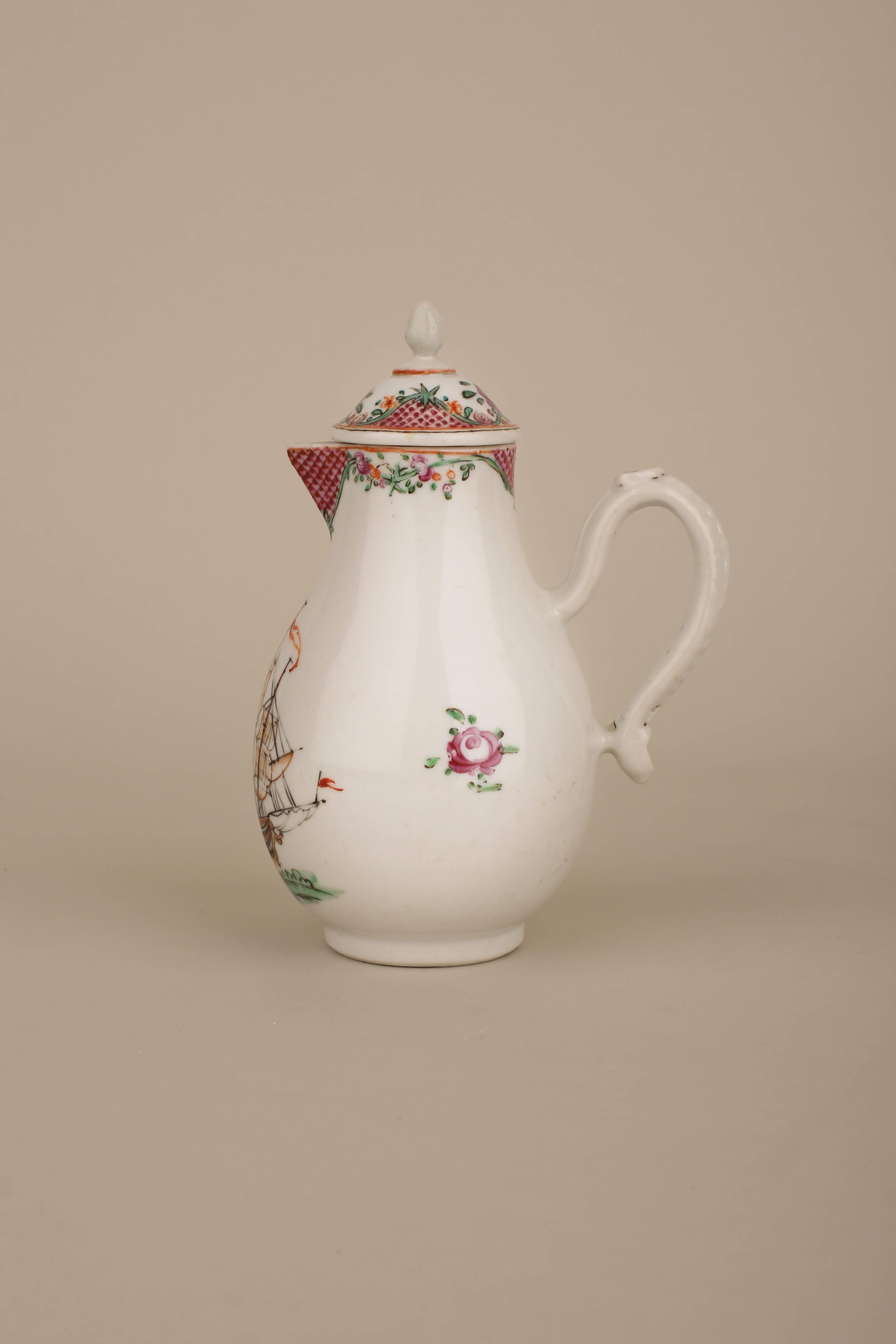Painted Chinese Porcelain Famille Rose Cream Jug, English Sailing Ship, 18th Century For Sale